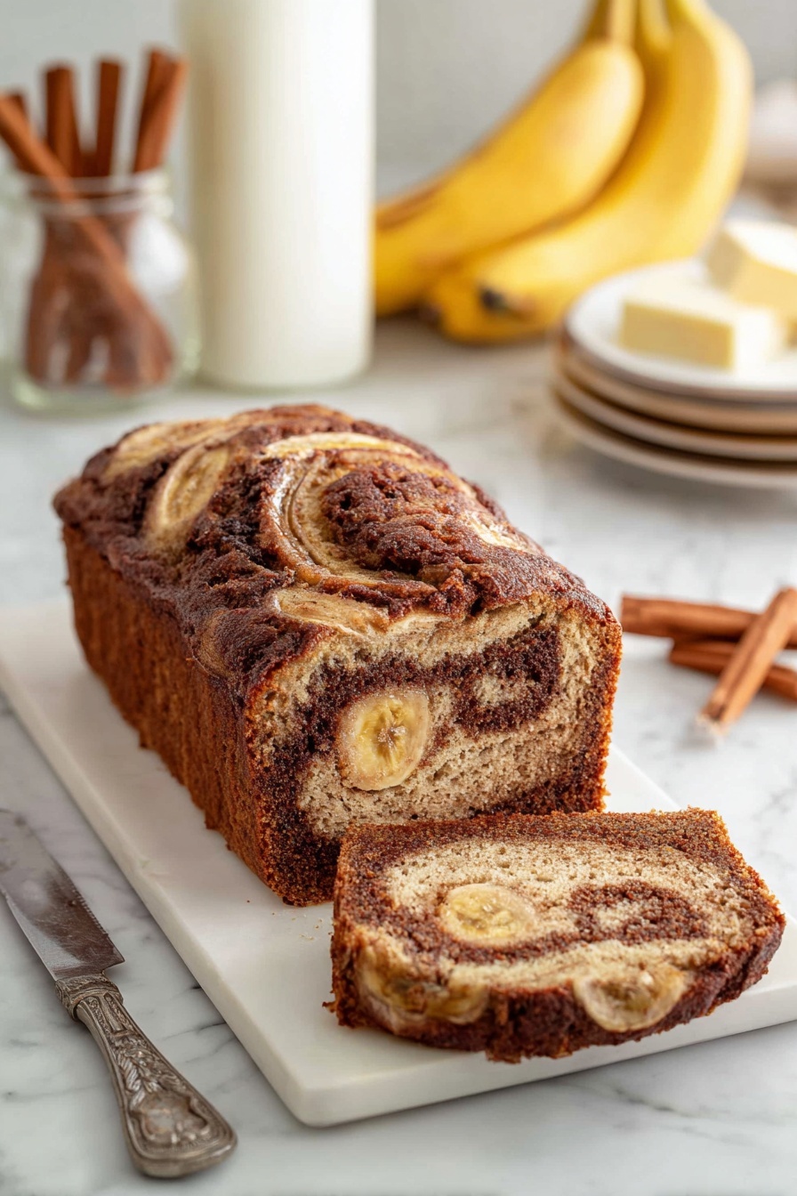 Cinnamon Banana Bread with Swirl, banana bread recipe with cinnamon swirl, moist banana bread with cinnamon, easy cinnamon banana bread, homemade cinnamon banana loaf - A sliced loaf of banana bread with a rich brown and golden swirl pattern inside rests on a white rectangular plate set on a white marbled surface. The top crust is cracked and darker brown with a slightly rough texture, and visible banana slices peek through. In the background, there is a tall glass of milk, a bunch of bananas, a small jar of cinnamon, butter on a clear dish, a few cinnamon sticks, and a stack of white plates with more banana bread slices. A vintage silver knife lies next to the plate on the marbled surface. photo taken with an iphone --ar 2:3 --v 7