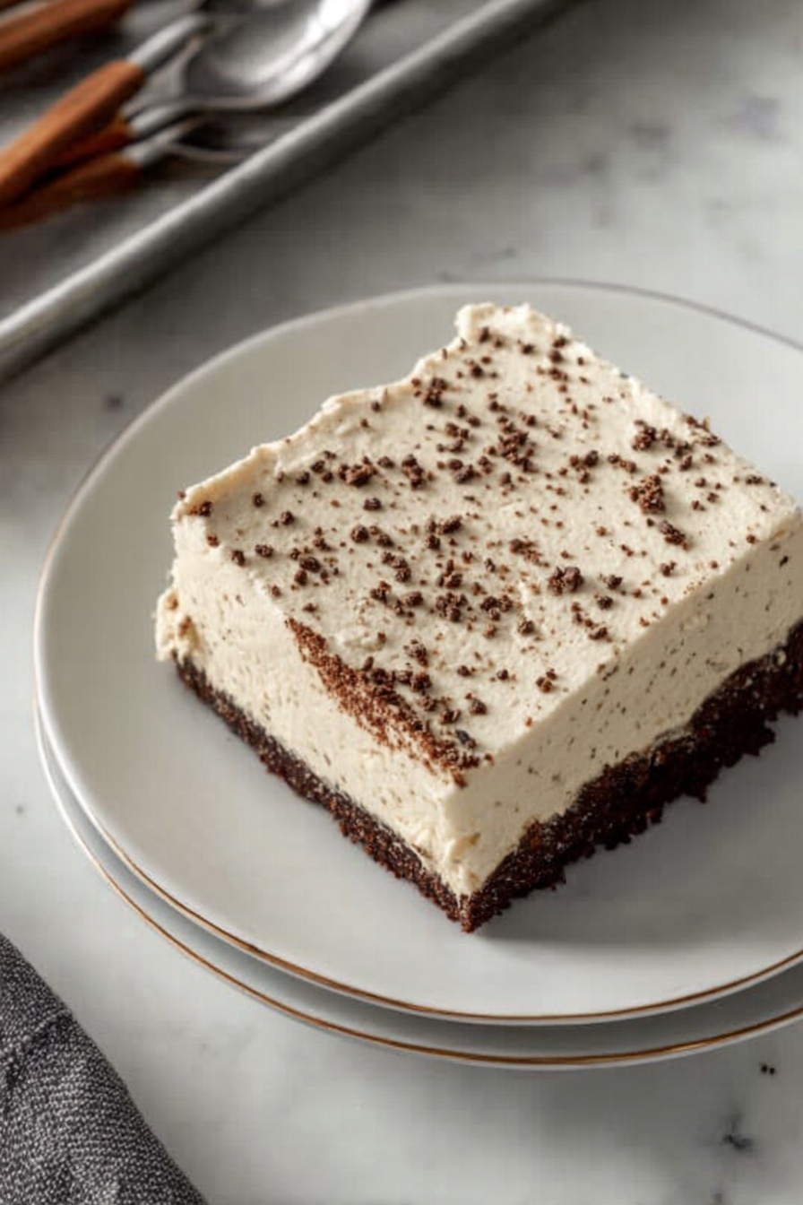 Dark Chocolate Espresso Cake without recipe, decadent chocolate cake, espresso flavored dessert, brown butter frosting recipe, moist chocolate cake - A close-up of a square piece of chocolate cake being held by a woman's hand with a knife, the cake has two layers: a dark, moist-looking chocolate base and a thick, creamy light beige frosting on top. The frosting is sprinkled lightly with small brown bits and has piped swirls at the edges. The piece is lifted above a metal baking pan filled with the same cake, showing the layers clearly and the smooth, decorated frosting surface underneath. The background shows a white plate with another piece of cake and a white marbled surface. Photo taken with an iphone --ar 2:3 --v 7