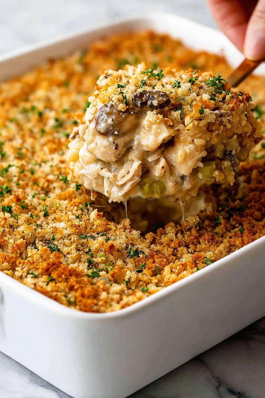 Cheesy Chicken Wild Rice Casserole, chicken and wild rice bake, easy cheesy chicken casserole, hearty chicken rice dish, comforting chicken casserole - This image shows a white baking dish filled with a creamy baked casserole. The casserole has two layers: the bottom layer is a mix of creamy chopped chicken, wild rice, mushrooms, and celery in a thick, light beige sauce, and the top layer is a golden brown, crispy breadcrumb crust sprinkled with small bits of green herbs. A woman’s hand is holding a scoop of the casserole, revealing the creamy texture and chunky ingredients inside. The dish rests on a white marbled surface. photo taken with an iphone --ar 2:3 --v 7