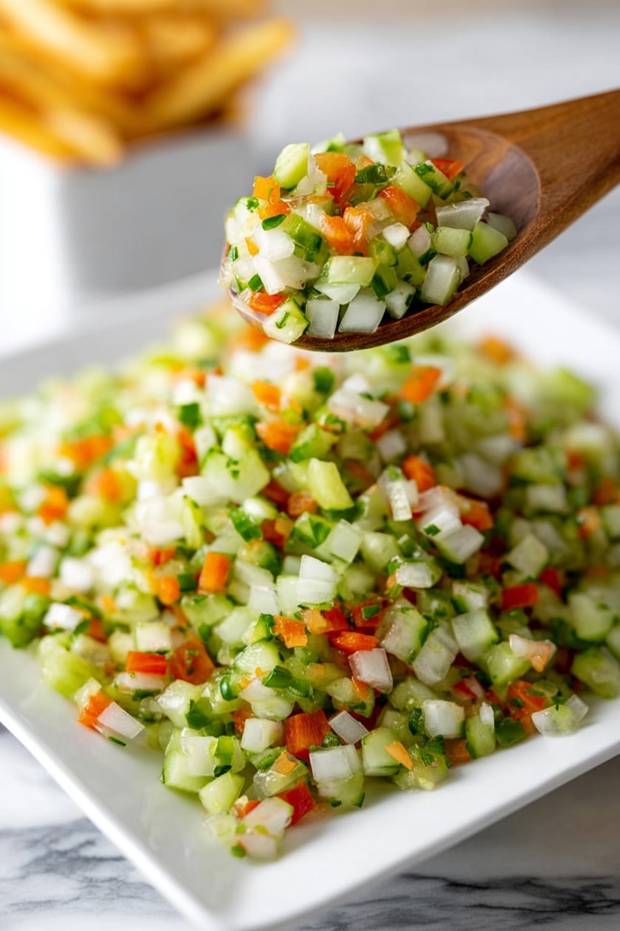 Dill Pickle Salsa, dill pickle salsa recipe, easy pickle salsa, tangy salsa with pickles, quick dill salsa - A close-up image of a white square plate filled with finely chopped vegetables arranged in a loose pile. The vegetables include small cubes of green cucumber, white onion, and bright orange carrot, creating a colorful mix. A wooden spoon is lifting a portion of the chopped vegetables above the plate, showing texture and freshness. The plate is set on a white marbled surface, and a blurred container of fries is seen in the background on the right. Photo taken with an iphone --ar 2:3 --v 7