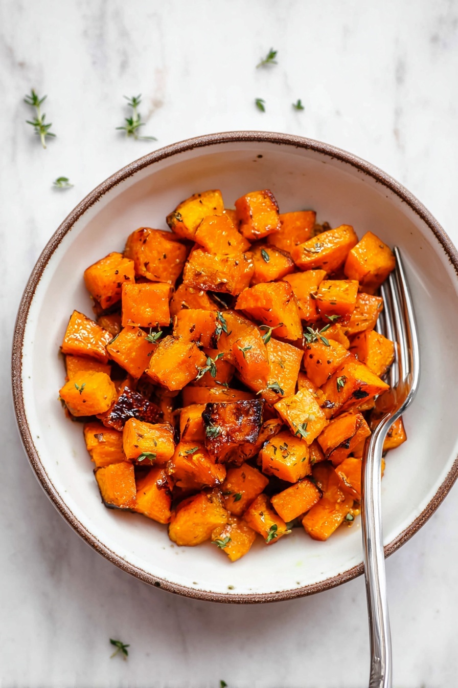 Sweet and Savory Roasted Butternut Squash, roasted butternut squash, honey glazed butternut squash, herb roasted butternut squash, easy butternut squash side dish - The image shows a white bowl with a thin brown rim filled with small cubed roasted orange vegetables, likely sweet potatoes or butternut squash, some pieces have browned edges for a slightly charred look. The roasted cubes are shiny with a light glaze and sprinkled with small green herb leaves, possibly thyme, scattered across both the bowl and the white marbled surface underneath. A silver fork with a simple design is placed inside the bowl resting on the right side among the vegetables. The overall presentation has warm orange and green tones set against the clean white bowl and white marbled texture background. photo taken with an iphone --ar 2:3 --v 7