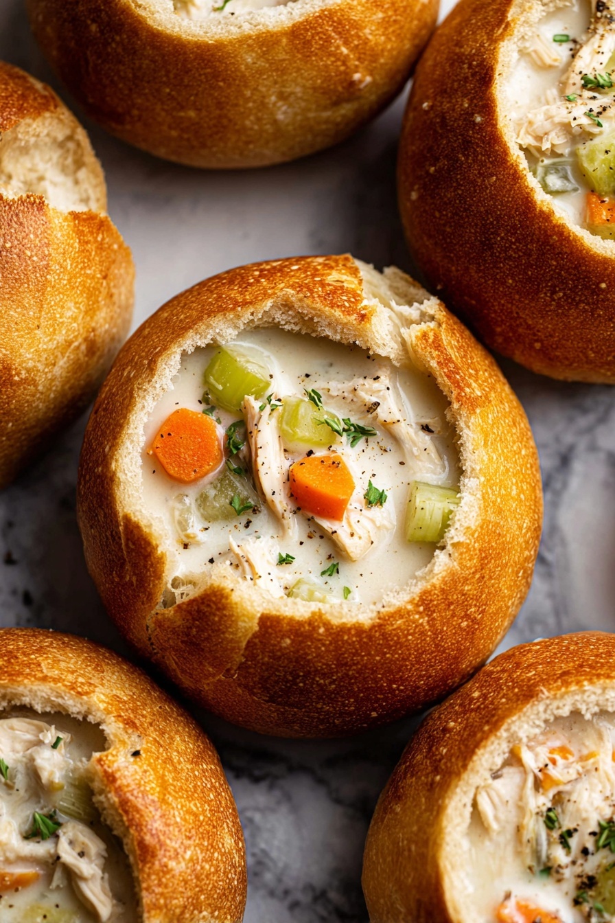 Creamy Chicken Noodle Soup, comforting chicken noodle soup, homemade chicken soup, easy creamy soup recipe, hearty chicken soup - The image shows a close-up of several round bread bowls with golden-brown crusts, each filled with creamy white chicken soup. The soup inside has visible layers of lightly cooked orange carrot slices, pale green celery pieces, and white shredded chicken, topped with small sprigs of green herbs and a bit of black pepper. The bread bowls have their tops removed and placed nearby, showing the soft white interior of the bread. The arrangement is set on a surface with a white marbled texture. photo taken with an iphone --ar 2:3 --v 7