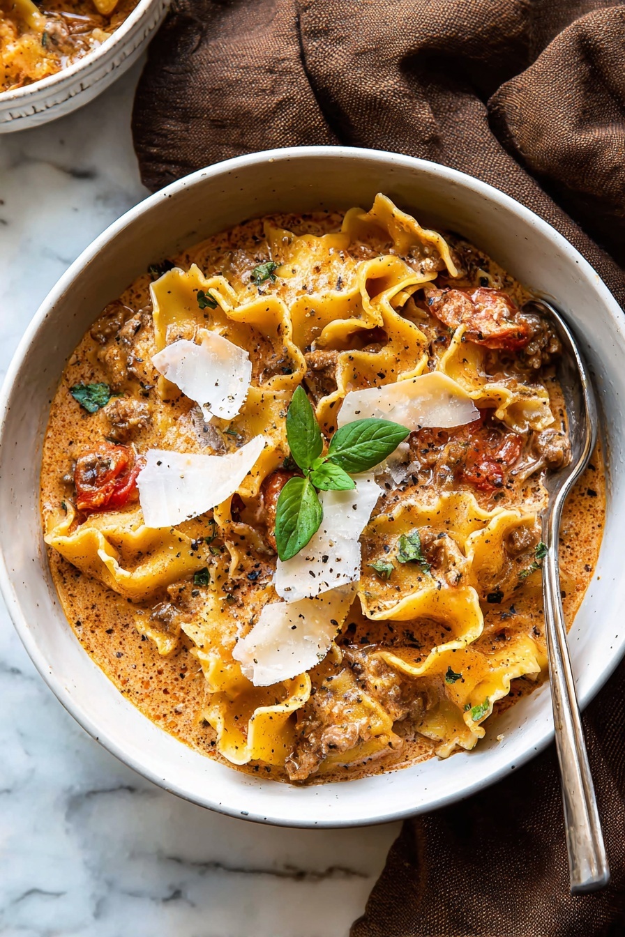 Spicy Lasagna Soup, spicy lasagna soup recipe, comforting lasagna soup, easy lasagna soup, weeknight lasagna soup - A white bowl filled with a creamy tomato pasta soup showing three layers: the first layer is a light orange creamy broth with small chunks of red tomatoes and herbs mixed throughout, the second layer features large, wavy-edged lasagna noodles partially submerged and curling at the edges in yellow tones, and the top layer is sprinkled with thin white cheese shavings and small green herb leaves scattered across the surface. The bowl sits on a light brown fabric, with a blurred background that hints at a dark wooden table and a metallic pot with dark liquid nearby. Photo taken with an iphone --ar 2:3 --v 7