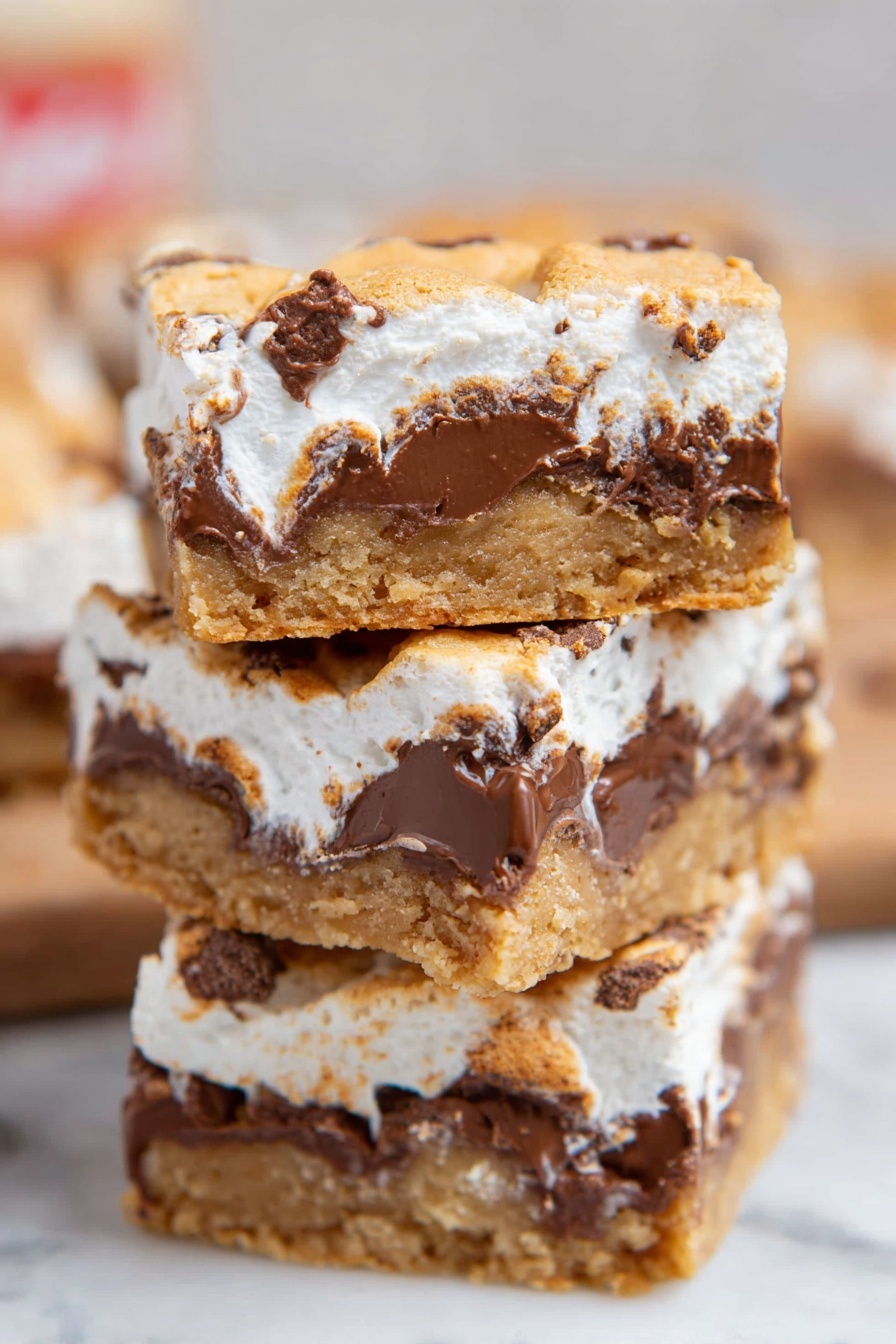 Gooey Cookie Butter S'mores Blondies, cookie butter blondies, s'mores blondies recipe, gooey dessert bars, marshmallow chocolate blondies - A close-up top view of a rectangular white tray lined with shiny silver foil, filled with a thick layer of light brown mixture that looks wet and unevenly spread, with bubbles and small lumps visible across the surface, giving it a textured look. The tray is placed on a white marbled surface, with a cracked eggshell piece partially visible near the top right corner. The photo taken with an iphone --ar 2:3 --v 7