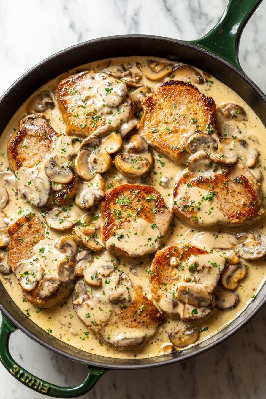 Creamy Mushroom Pork Tenderloin, pork tenderloin recipes, mushroom pork skillet, easy pork dinner, comforting mushroom sauce dishes - The image shows a black pan with a green handle filled with evenly spaced cooked pork slices in a creamy sauce. The top layer is mushrooms, light to medium brown, floating in a thick, smooth pale beige creamy sauce that covers the pork and fills the pan. The pork slices have a golden brown crust on the edges, with the creamy sauce and mushrooms resting over and around them. Small green bits of chopped herbs are sprinkled across the dish, adding a touch of color contrast. The pan sits on a white marbled surface. Photo taken with an iphone --ar 2:3 --v 7