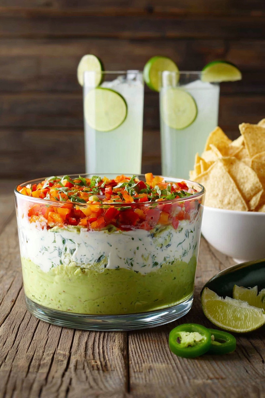 Triple Layer Guacamole Dip with Cotija and Salsa, Mexican party dip, layered guacamole dip, healthy appetizer ideas, easy party dip recipes - A clear glass bowl sits on a wooden table with three distinct layers of dip inside: the bottom layer is smooth green guacamole, the middle layer is a creamy white sour cream mix with herbs, and the top layer is a colorful mix of finely chopped red tomatoes, orange bell peppers, and green herbs. Behind the bowl, two clear glasses filled with a light green drink garnished with lime slices are placed, along with a tall white bowl filled with light yellow tortilla chips. Lime wedges and a halved green jalapeño pepper lie on the table next to the bowls. The background features a dark wooden wall, and the surface is replaced with a white marbled texture. photo taken with an iphone --ar 2:3 --v 7
