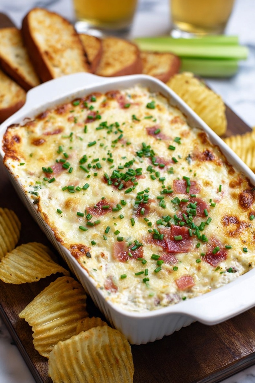 Baked Bacon Blue Cheese Dip, bacon blue cheese dip, blue cheese bacon dip, party dip recipes, creamy blue cheese dip - A white rectangular baking dish holds a creamy baked dip with a golden-brown top sprinkled generously with bright green chopped chives. The dip’s surface is bubbly and slightly browned in spots, showing a rich, cheesy texture mixed with small bits of bacon or similar ingredients. The dish sits on a wooden board alongside golden toasted bread slices and several ridged potato chips, with a blurry green celery stick and a glass of beer in the background, all placed on a white marbled surface. photo taken with an iphone --ar 2:3 --v 7
