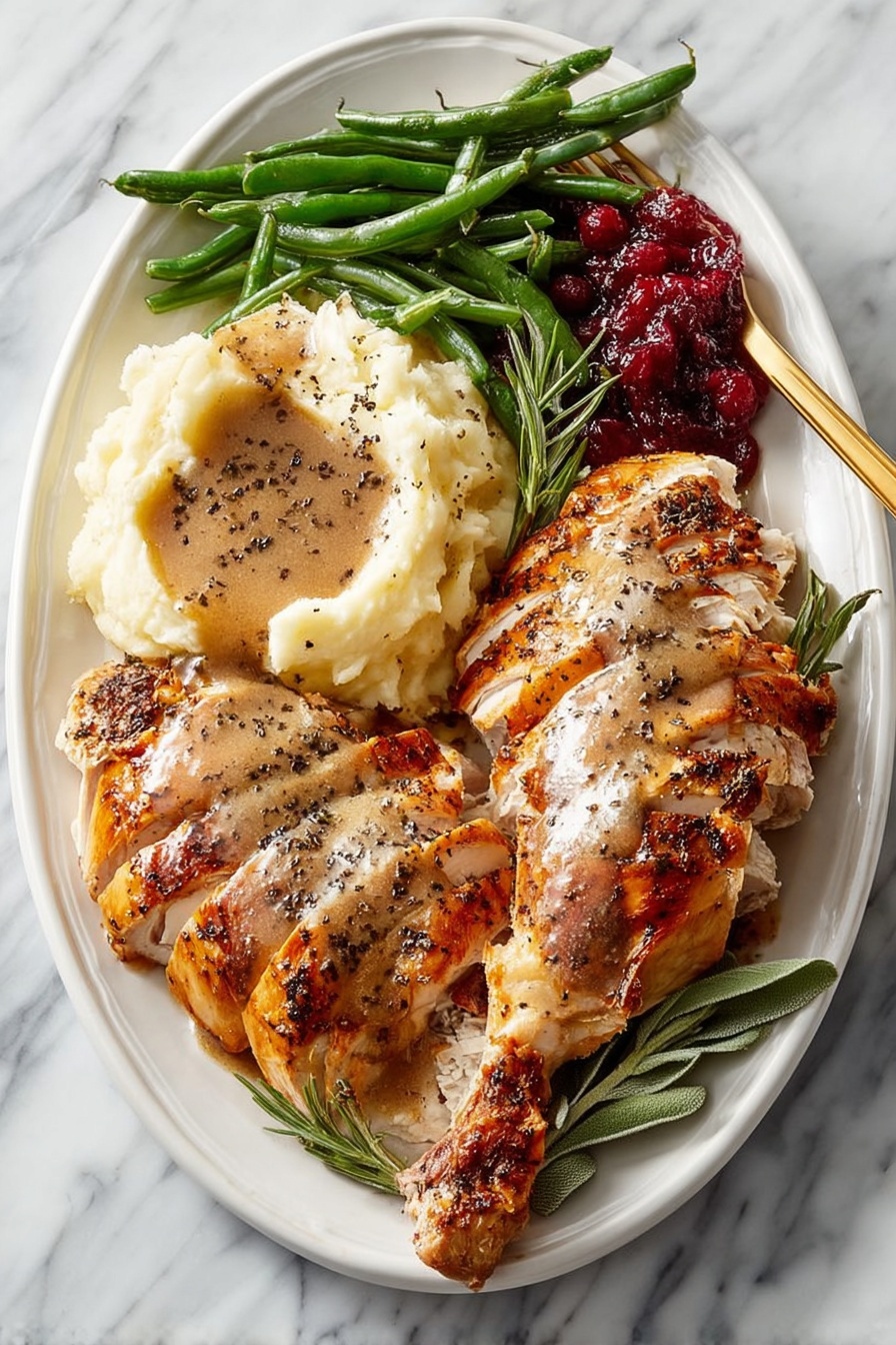 Herb Butter Roast Turkey, Roast Turkey with Herb Butter, Juicy Roast Turkey Recipe, Holiday Turkey Ideas, Easy Turkey Roast - A white plate holds a meal with four parts: on the left, a large scoop of creamy mashed potatoes topped with smooth brown gravy and sprinkled with black pepper; at the top left, a pile of bright green cooked green beans glazed with the same brown gravy; on the top right, a rich, glossy, deep red cranberry sauce with a jelly-like texture; and on the right side, slices of golden-brown roasted chicken with a light crust, generously covered in brown gravy. A gold fork is placed near the potatoes on a white marbled surface. Photo taken with an iphone --ar 2:3 --v 7