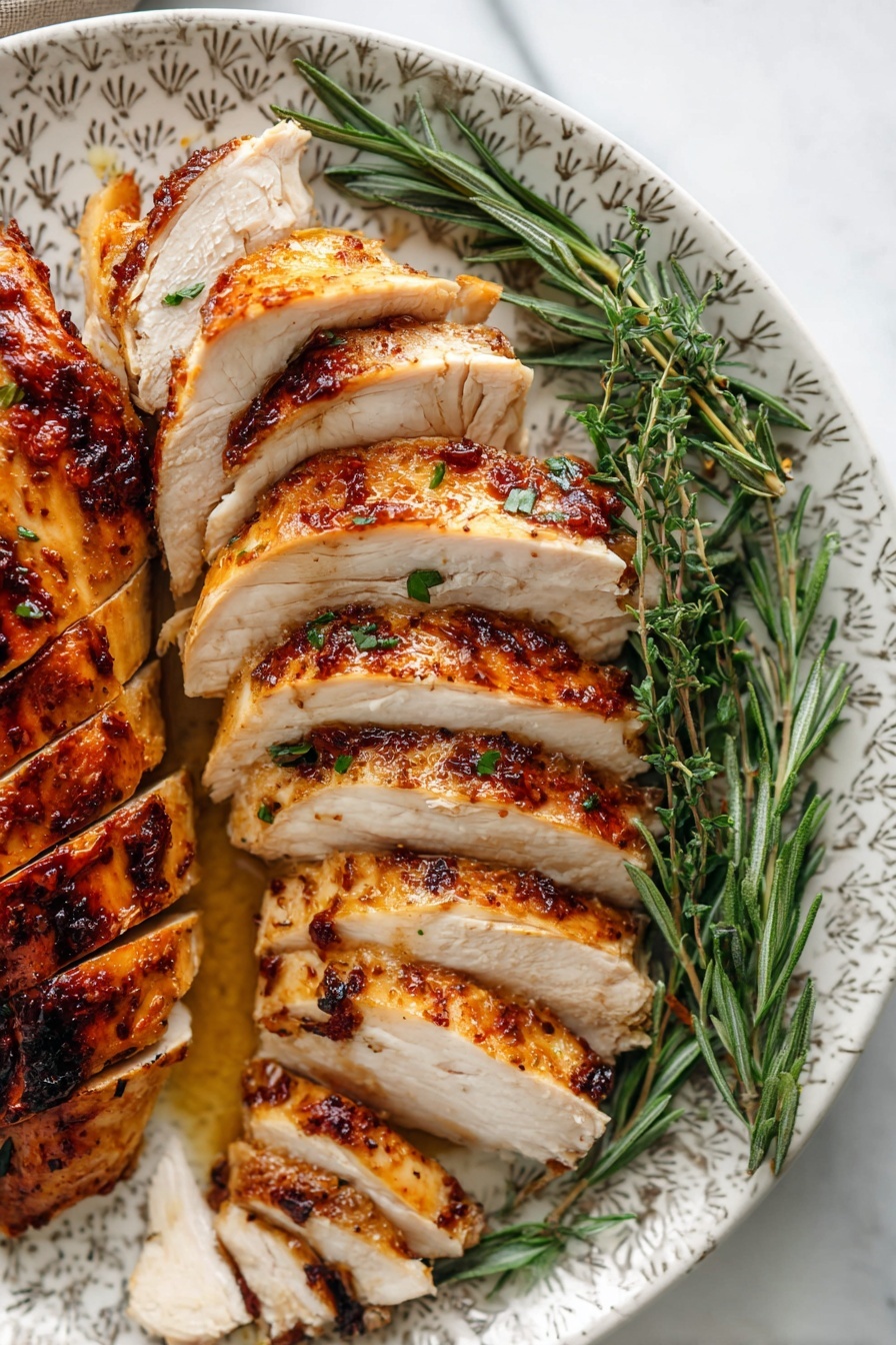 Juicy Roasted Turkey Breast with Homemade Gravy, Roast turkey breast, Homemade turkey gravy, Easy turkey breast recipe, Moist oven-roasted turkey - The image shows sliced roasted chicken with golden brown, crispy skin and juicy white meat inside, arranged in two rows on a white patterned plate. The chicken slices have a slightly shiny texture from the glaze and small charred spots. Fresh green rosemary and thyme sprigs are placed on the right side of the plate, adding color and freshness. The plate is set on a white marbled surface. Photo taken with an iphone --ar 2:3 --v 7