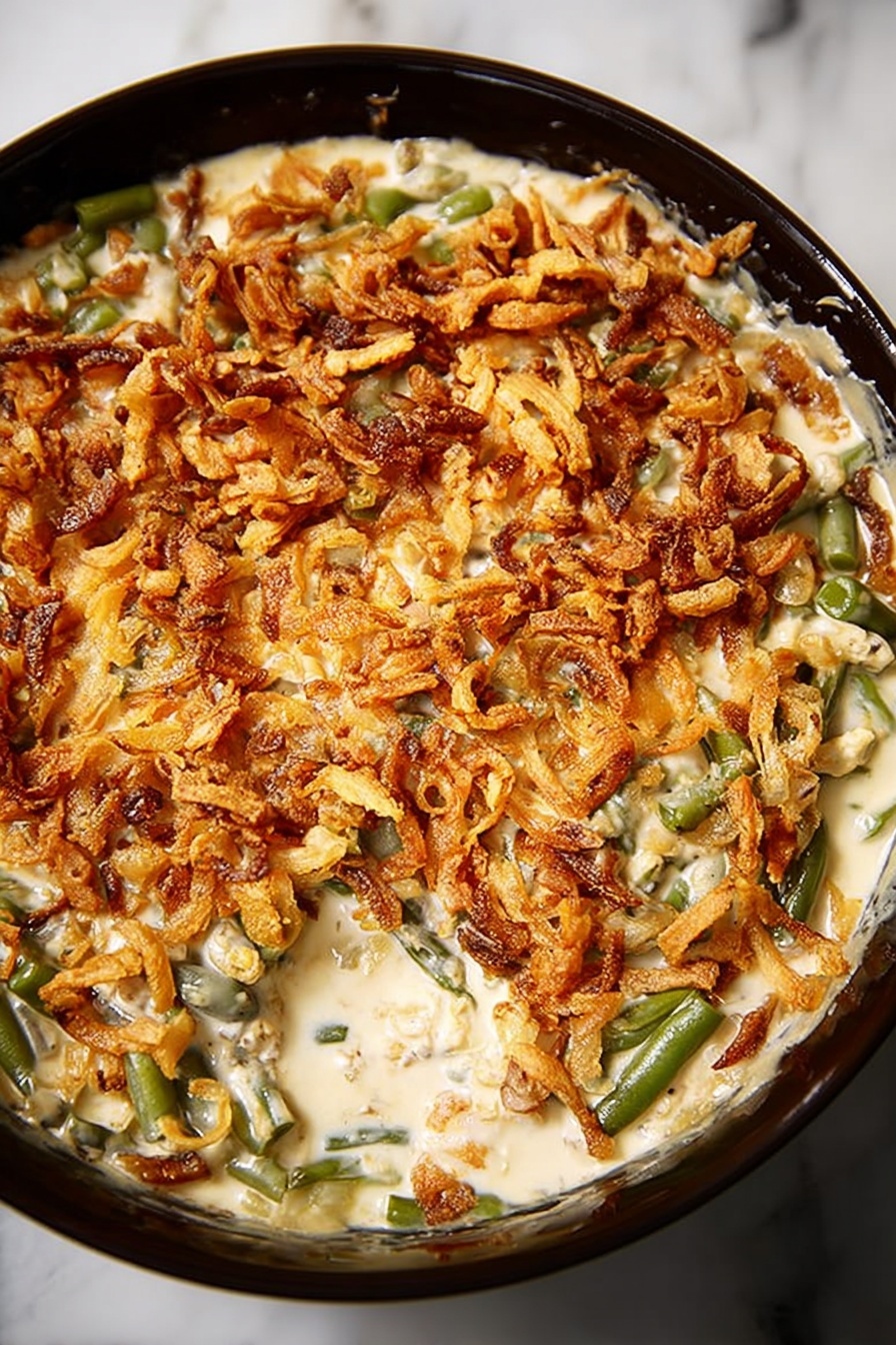 Green Bean Casserole with Bacon and Cheese, cheesy green bean casserole, bacon green bean bake, easy green bean casserole with bacon, ultimate green bean casserole with cheese - The dish is a creamy casserole with visible layers of green beans mixed into a thick, light beige sauce. The top layer is covered with crispy golden-brown fried onions scattered unevenly across the surface. A spoon with a red handle is lifting a scoop from the center, showing a mix of green beans, sauce, and fried onions. The casserole is served in a dark round dish placed on a white marbled surface. The texture of the sauce looks smooth and rich, contrasting with the crunchy onion topping photo taken with an iphone --ar 2:3 --v 7