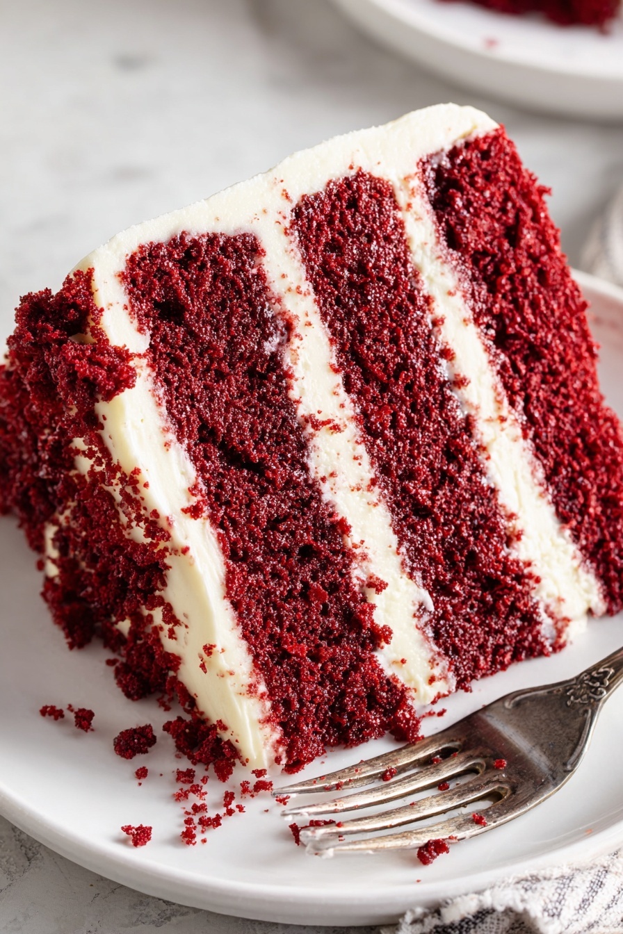Red Velvet Cake with Cream Cheese Frosting, moist red velvet cake, homemade red velvet cake, best red velvet cake recipe, classic red velvet cake - A slice of three-layer red velvet cake sits on a white plate, each thick, moist, deep red layer separated by creamy white frosting. The frosting also covers the top and sides, with a slightly rough texture. Red cake crumbs cling to the frosting edges, adding contrast. A silver fork rests on the plate beside the cake. The plate is placed on a white marbled surface. Photo taken with an iphone --ar 2:3 --v 7
