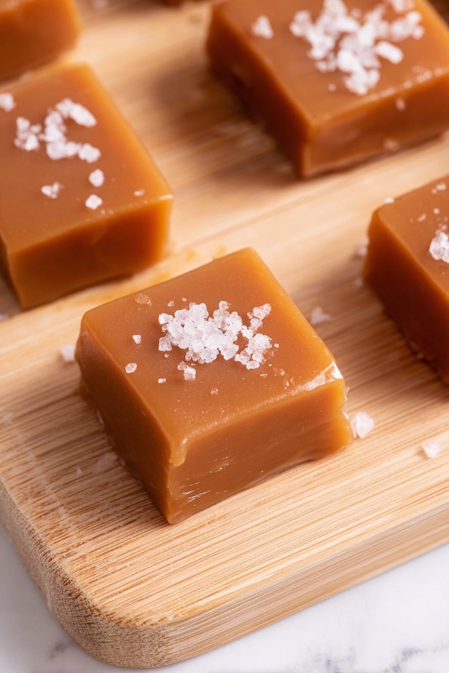 Apple Cider Caramels, apple cider caramel candies, fall caramel recipes, homemade caramel treats, autumn spice candies - The image shows several square caramel candies placed on a light wood cutting board. Each caramel is smooth and glossy with a soft brown color and a slightly translucent texture. On top of each caramel are flakes of white sea salt, adding contrast and a rough texture against the smooth surface of the caramel. The candies are arranged close but not touching, and the cutting board has light grain patterns visible. The background is a white marbled texture. photo taken with an iphone --ar 2:3 --v 7