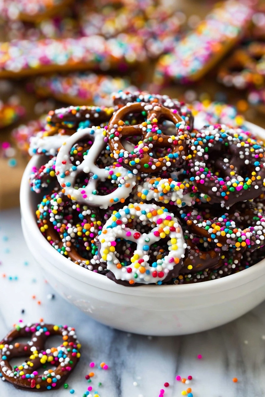 Chocolate Covered Pretzels, Easy Pretzel Snacks, Sweet and Salty Treats, Homemade Chocolate Pretzels, Party Snack Ideas - A white plate filled with two types of pretzels and pretzel sticks. One type of pretzel is coated in smooth white chocolate with red, green, and white round sprinkles scattered evenly. The other type is coated in dark chocolate with the same colored round sprinkles. Alongside the pretzels, there are six pretzel sticks dipped partially in white or dark chocolate, decorated with red, green, white round and long sprinkles, and lightly sprinkled golden sugar crystals on the pretzels' light brown exposed parts. The plate sits on a white marbled surface with some pine green branches visible at the bottom right corner. Photo taken with an iphone --ar 2:3 --v 7