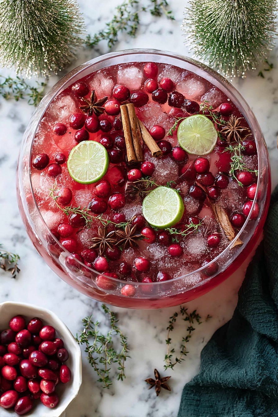 Festive Alcohol-Free Cranberry Punch, holiday non-alcoholic drinks, Christmas punch recipe, cranberry punch for parties, kids-friendly holiday beverages - A clear glass bowl filled with a red drink layered with crushed ice, floating whole bright red cranberries, three brown cinnamon sticks, four round green lime slices, small green sprigs resembling thyme, and small star-shaped brown star anise. The bowl sits on a table with a white marbled texture. Nearby, there is a small white bowl filled with red cranberries. Around the bowl, there are small artificial green pine tree decorations and some scattered green sprigs. A dark green cloth is partially visible in the lower right corner. Photo taken with an iphone --ar 2:3 --v 7