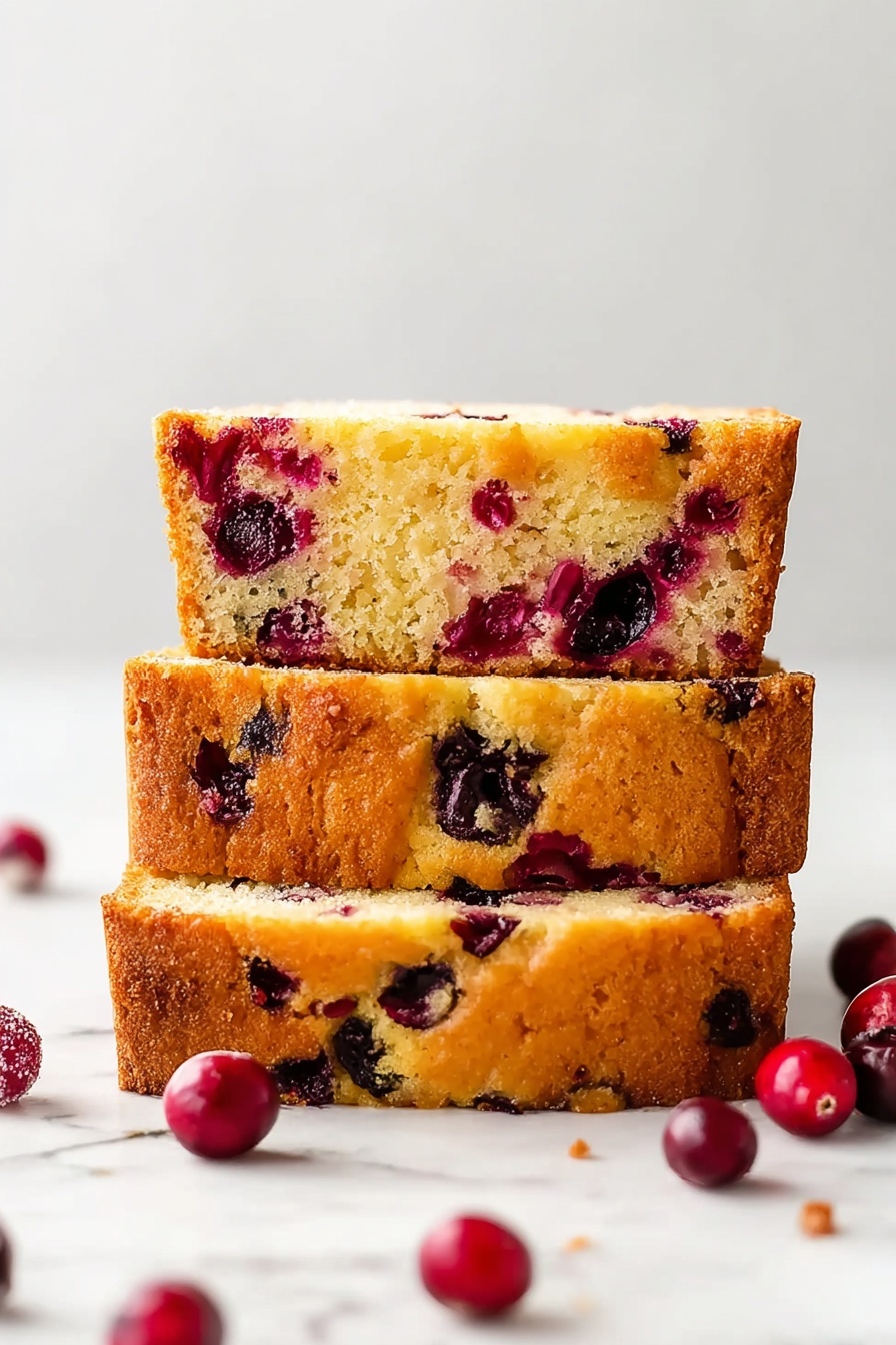 Orange Cranberry Loaf with Glaze, festive orange cranberry bread, citrus cranberry pound cake, moist orange cranberry loaf, holiday fruit loaf - Three thick slices of golden brown cake stacked one on top of another, each slice showing a dense texture with visible pieces of dark purple and bright red berries inside. The cake edges are darker and slightly crunchy, while the inside looks soft and moist. Around the cake slices, there are whole red berries placed on a white marbled surface, all against a plain white background. photo taken with an iphone --ar 2:3 --v 7