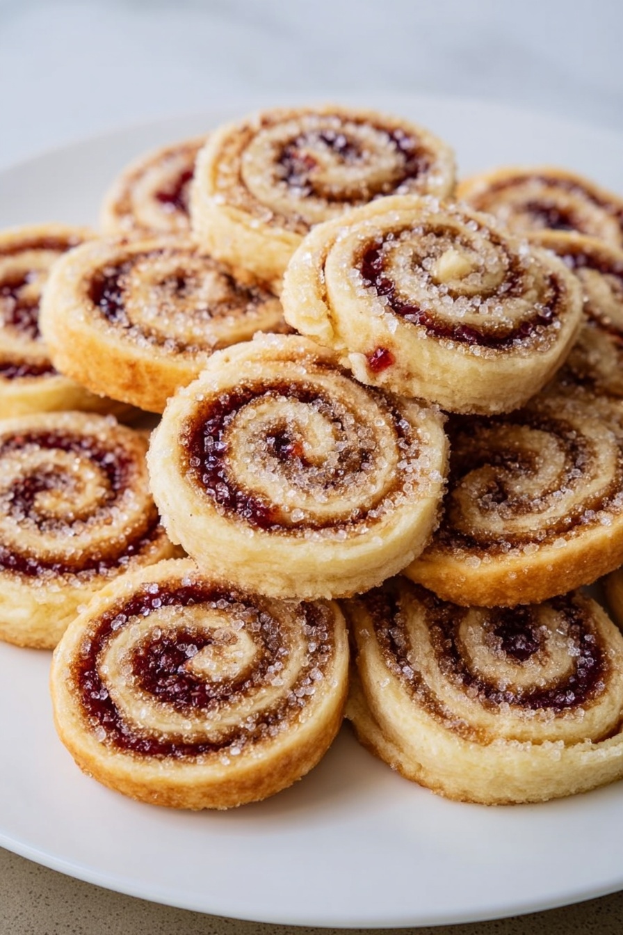 Raspberry Cream Cheese Pinwheel Cookies, raspberry cream cheese cookies, cream cheese pinwheel cookies, raspberry dessert cookies, easy pinwheel cookie recipe - A white plate filled with about a dozen round pastry pinwheels stacked in a small pile. Each pinwheel has a light golden dough base rolled with layers of dark red jam and a cinnamon-brown filling creating a spiral pattern. Large white sugar crystals are sprinkled on top of the pinwheels, adding a rough, crunchy texture that sparkles under light. The plate sits on a white marbled surface. Photo taken with an iphone --ar 2:3 --v 7
