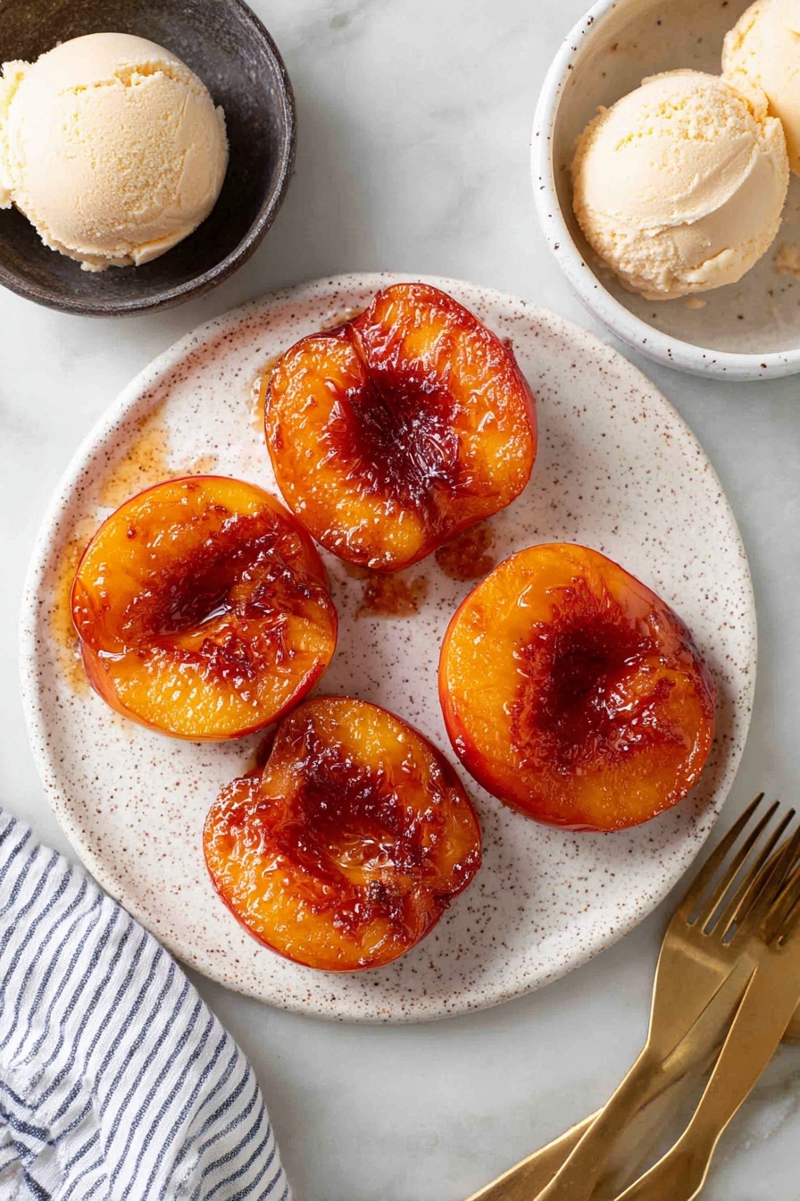 Air Fryer Peach Halves with Cinnamon, healthy peach dessert, quick fruit dessert recipe, caramelized peaches in air fryer, cinnamon peach halves - The image shows five cooked peach halves with a shiny, caramelized reddish-brown glaze on a round white speckled plate. Each peach half has a golden-orange color with a darker brown edge and a glossy wet center. The plate sits on a white marbled surface, and to the top left, there is a small dark bowl containing two rounded scoops of pale cream-colored ice cream. To the top right, a white speckled bowl holds three gold forks. In the bottom left corner, a white fabric with navy blue stripes is visible. photo taken with an iphone --ar 2:3 --v 7