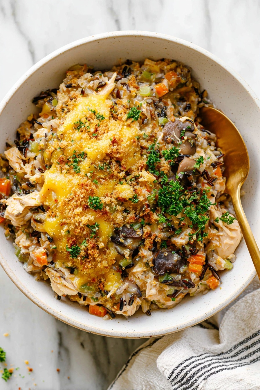 Cheesy Chicken Wild Rice Casserole, chicken and wild rice bake, easy cheesy chicken casserole, hearty chicken rice dish, comforting chicken casserole - A white bowl filled with a creamy dish that has three main layers: the bottom layer is a mix of wild rice and small diced orange and light green vegetables, the middle layer contains tender pieces of light brown chicken and browned mushroom slices, and the top layer is covered with melted yellow cheese, green parsley, and golden breadcrumbs sprinkled evenly. A gold spoon is placed inside the bowl on the right side, and the bowl sits on a white marbled surface with a white cloth featuring dark stripes nearby, photo taken with an iphone --ar 2:3 --v 7