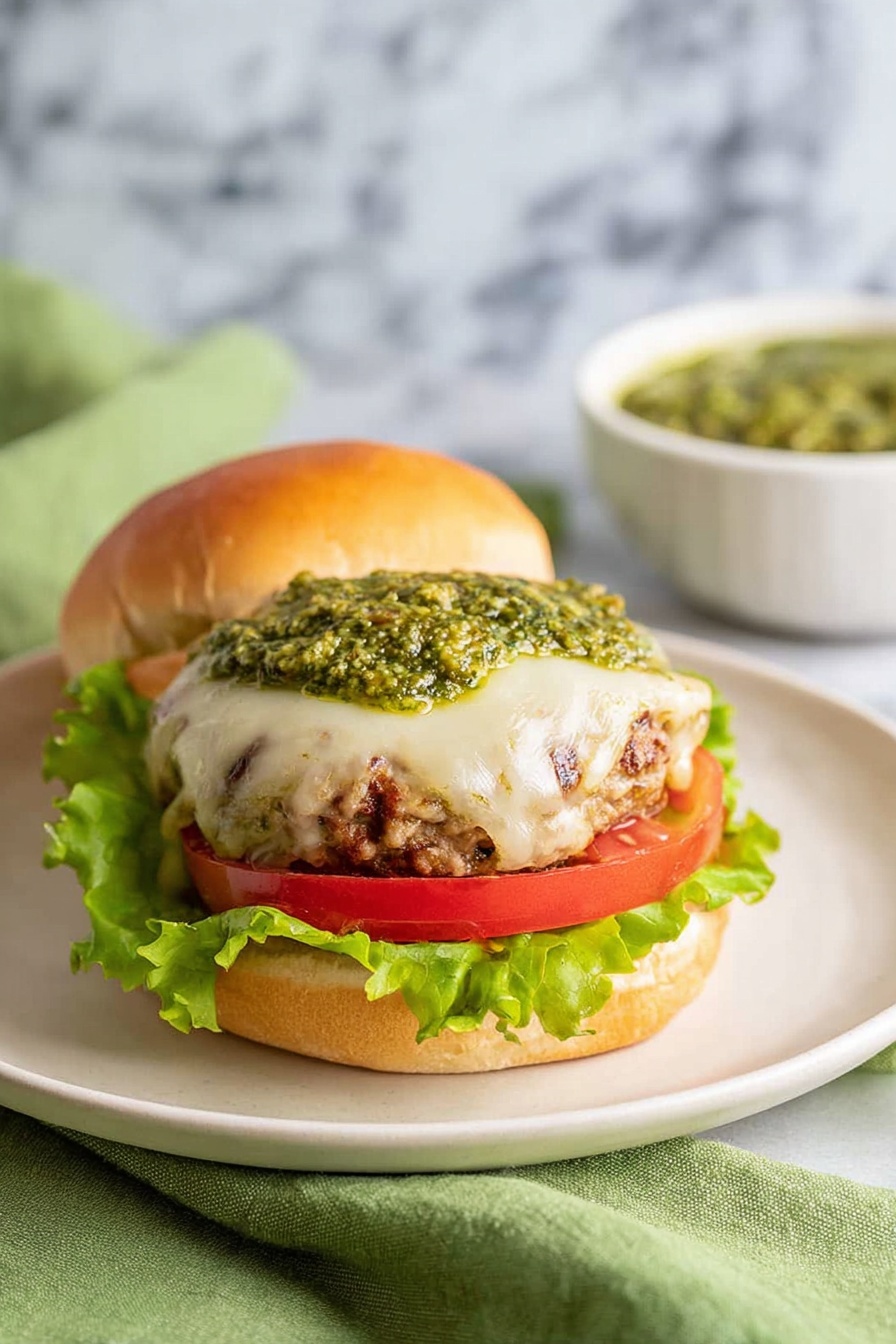 Chicken Spinach Burgers, healthy chicken burgers, spinach burger recipe, juicy chicken patties with spinach, quick weeknight dinner ideas - A burger sits on a white plate with a white marbled surface beneath, showing four main layers. The bottom layer is a light golden brown bun with a soft texture, topped with a fresh, bright green leaf of lettuce. Above the lettuce is a thick, red slice of tomato. On top of the tomato is a grilled patty with a slightly browned and textured surface, covered with melted white cheese that softly drapes over the edges. The top layer is a generous amount of green pesto sauce spread on the melted cheese. The top half of the bun is placed slightly behind the plate. In the background, to the right, there is a white bowl filled with the same green pesto sauce, and a green cloth is draped partly under the plate. Photo taken with an iphone --ar 2:3 --v 7