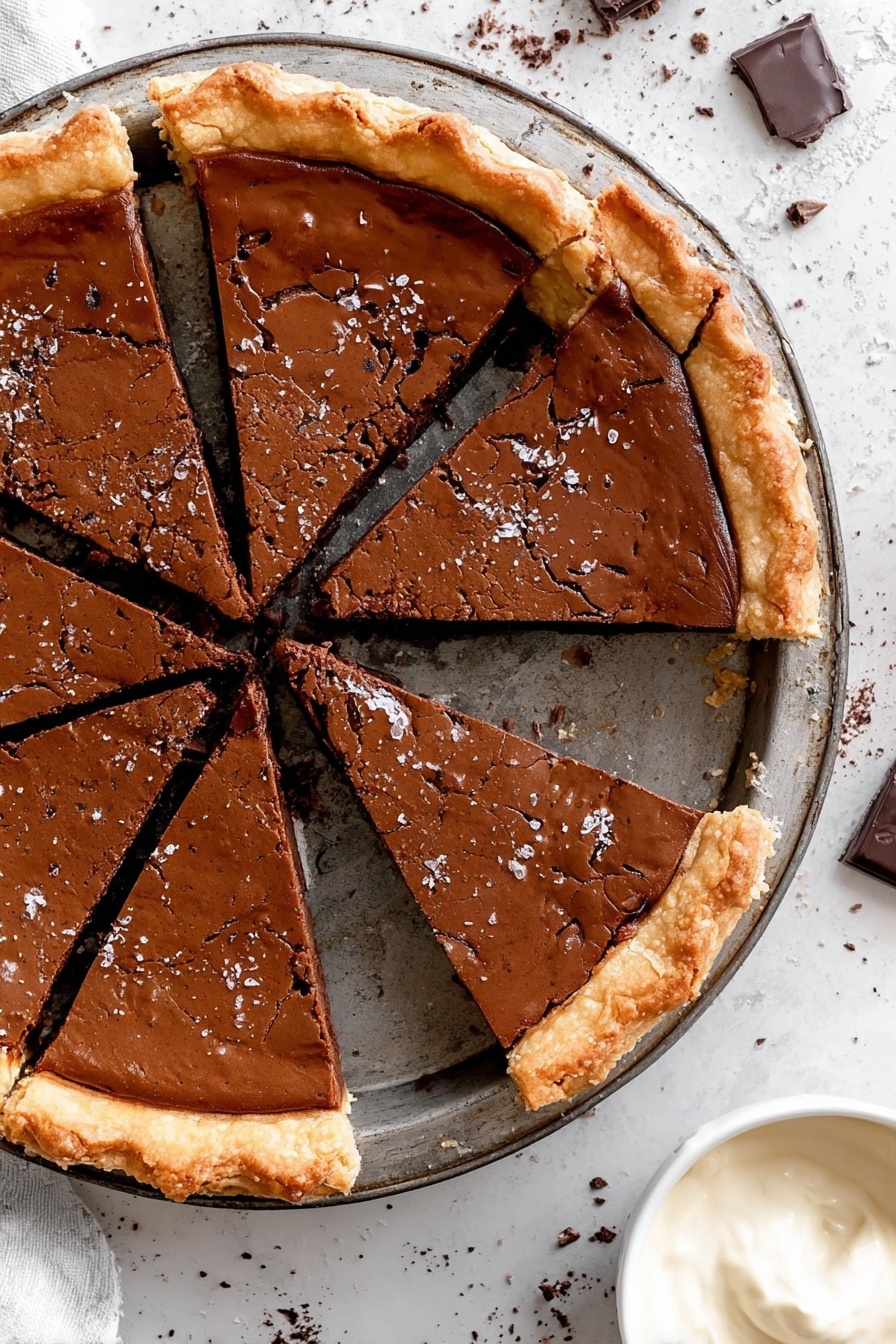 Fudgy Chocolate Brownie Pie, chocolate brownie pie, chocolate dessert, decadent brownie pie, easy chocolate pie - The image shows a round pie cut into six slices. The pie has a thick, shiny, dark brown top layer with a cracked texture and a golden, flaky crust around the edges. The pie rests on a metal tray with a dark, worn finish. The background is a white marbled surface with scattered chocolate bits. At the bottom right corner, there's a small white bowl filled with smooth, light cream. photo taken with an iphone --ar 2:3 --v 7