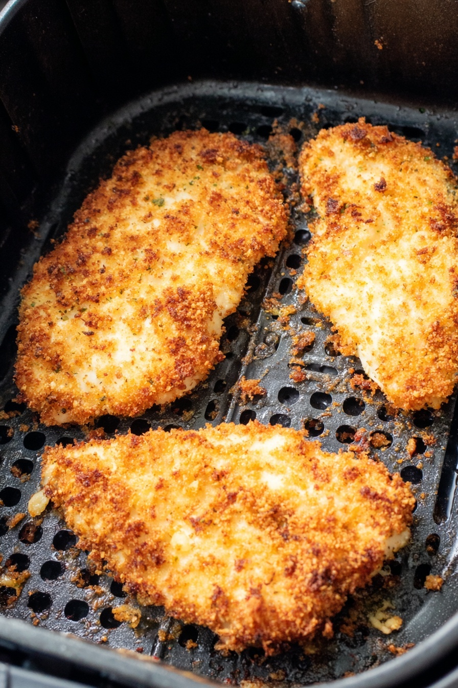 Air Fryer Parmesan Chicken Breast, crispy chicken, healthy chicken dinner, quick chicken recipes, easy air fryer chicken - Inside a black air fryer basket, there are three pieces of breaded and cooked chicken, each with a golden brown crunchy coating that has some darker crispy spots. The pieces are uneven in shape, with one noticeably larger and placed near the bottom center, while the other two are smaller and positioned toward the top left and right corners. Small crumbs and bits of the coating are scattered around the chicken on the base of the basket, which has a slightly shiny black metal grid design and ventilation holes. The scene is brightly lit, showing texture details of the crispy surface and the basket's interior. photo taken with an iphone --ar 2:3 --v 7