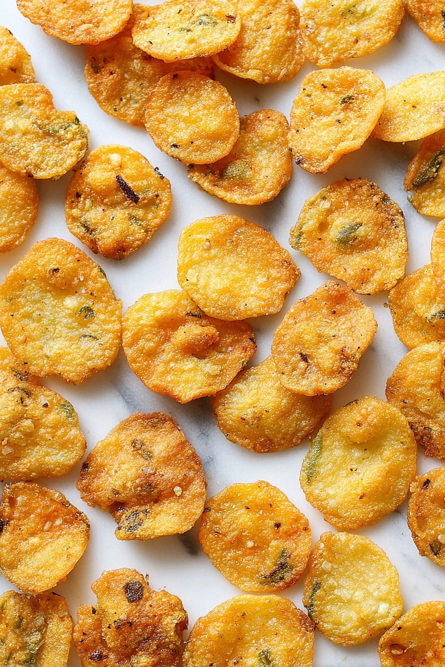 Fried Pickles with Zesty Dipping Sauce, crispy fried pickles, homemade pickle appetizer, easy fried pickle recipe, tangy dipping sauce - The image shows many small, round, golden-brown fried snacks scattered evenly on a white marbled surface. Each piece has a rough, crispy texture with some darker spots and light seasoning visible. The color ranges from light yellow to golden with hints of green near the edges, showing slight oiliness that gives a shiny finish. The snacks vary in size and shape, but all are thin and appear crunchy without any layers or toppings. Photo taken with an iphone --ar 2:3 --v 7