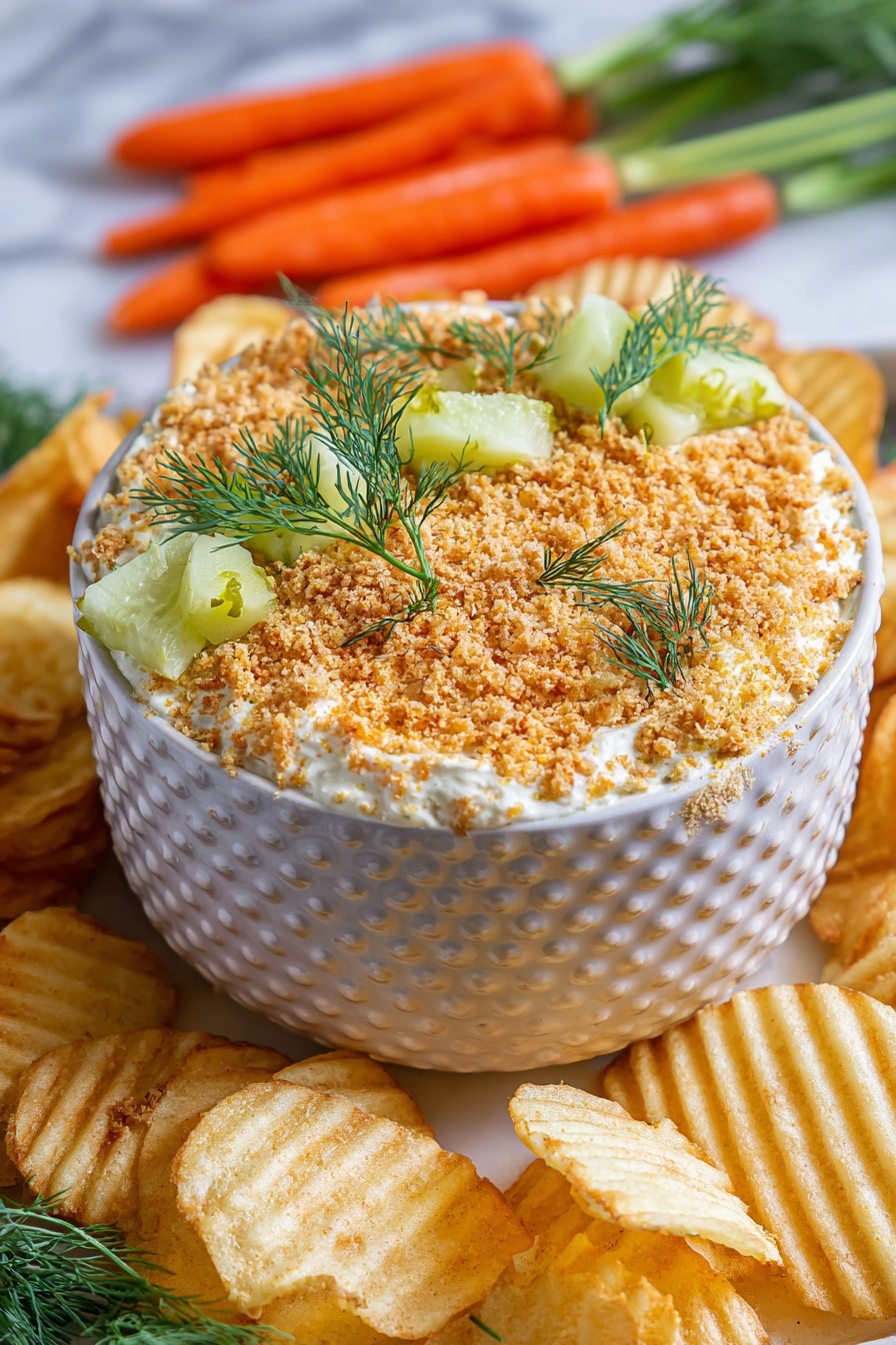 Fried Pickle Dip, pickled dip, party dip, creamy pickle appetizer, crunchy pickle dip - A white textured bowl with a honeycomb pattern is filled with a creamy white dip topped with a layer of light brown crumbs evenly spread across the surface. Small green pickle chunks and sprigs of fresh dill are scattered on top of the crumbs, adding pops of green. The bowl is surrounded by golden, ridged potato chips and a bunch of fresh orange baby carrots, all placed on a white marbled surface. Photo taken with an iphone --ar 2:3 --v 7