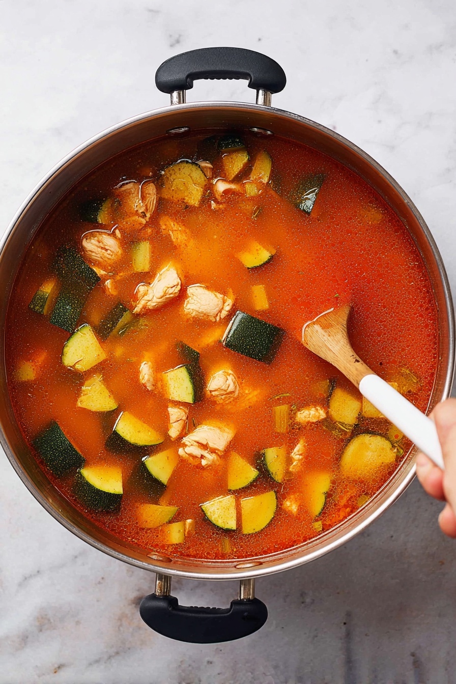 Mexican Chicken Soup, Mexican Chicken Soup recipe, Caldo de pollo, Mexican chicken soup with fresh herbs, comforting Mexican chicken soup - A stainless steel pot filled with a bright orange-red soup that has a thin, clear texture. Inside the soup, there are medium-sized chunks of light brown cooked chicken, small pieces of dark green and light green zucchini cubes floating evenly across the surface, and some small bits of orange carrot visible under the soup. A wooden spoon with a white tip is being held by a woman's hand, stirring gently near the right side of the pot. The pot is placed on a white marbled surface, and its black handles are visible on both sides. Photo taken with an iphone --ar 2:3 --v 7