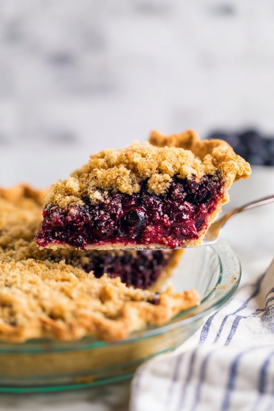 Blueberry Pie with Crumb Topping, blueberry pie, fruit pie recipes, crumb topping dessert, homemade blueberry pie - The image shows a slice of berry crumble pie lifted above the rest of the pie in a clear glass pie dish. The pie has three layers: a golden, flaky crust on the bottom with a slightly crimped edge, a thick middle layer of dark purple mixed berries that look juicy, and a crumbly golden brown streusel topping covering the berries. The background is softly blurred with a white marbled surface and a soft cloth with blue stripes. The photo taken with an iphone --ar 2:3 --v 7