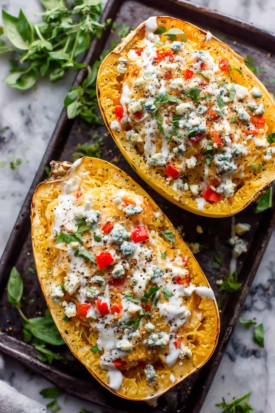 Buffalo Chicken Stuffed Spaghetti Squash, healthy buffalo chicken dinner, low-carb stuffed spaghetti squash, easy stuffed spaghetti squash recipes, spicy chicken squash dish - Two halves of a spaghetti squash filled with a creamy orange mixture of spaghetti squash strands, small diced red bell peppers, and melted cheese, topped with crumbles of blue cheese and fresh green herbs. A white creamy sauce is drizzled over the top with a sprinkle of black pepper, all resting on a dark baking tray with scattered fresh herb leaves around it, placed on a white marbled surface. photo taken with an iphone --ar 2:3 --v 7