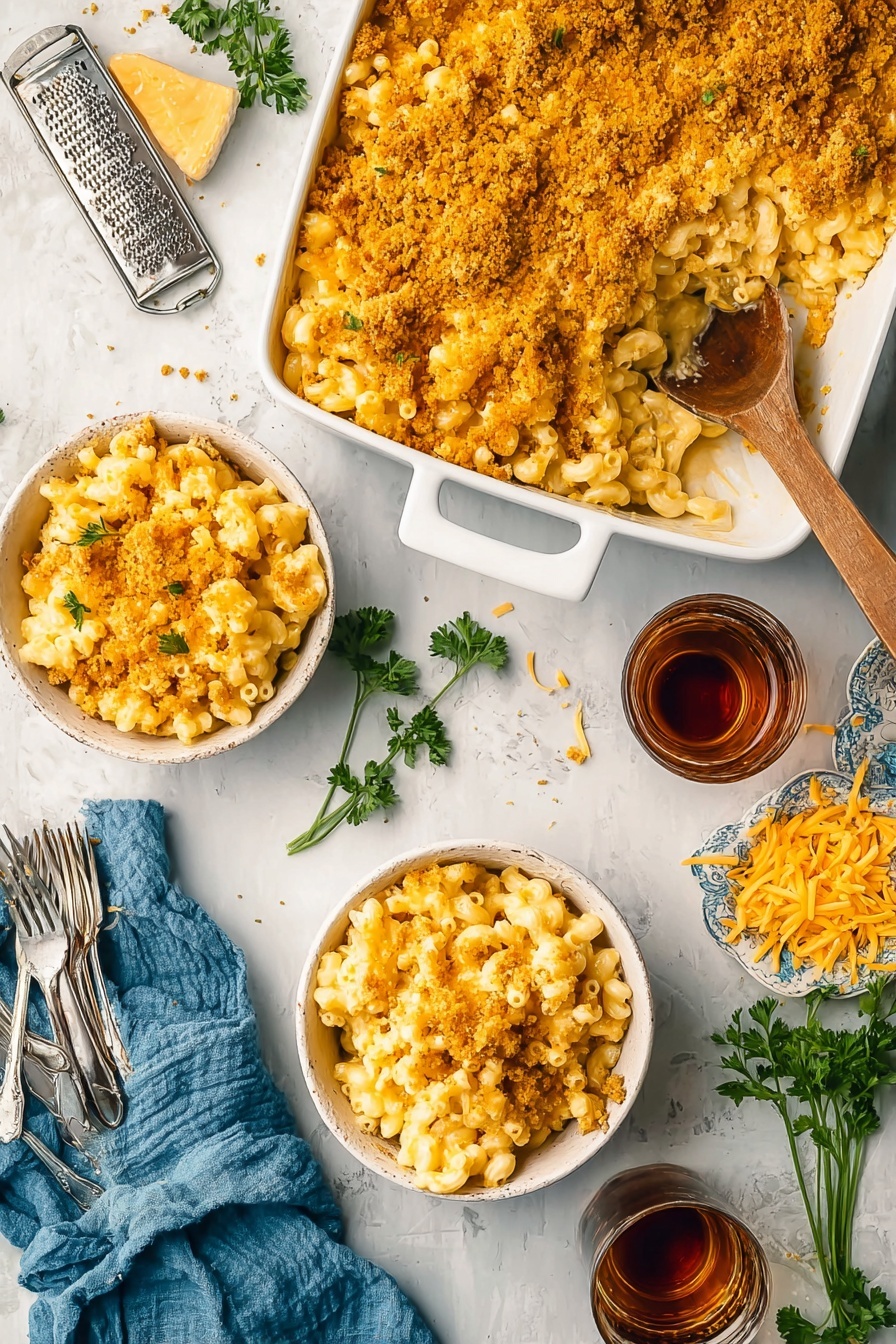 Creamy Cheddar Mac and Cheese Bake, cheesy baked pasta, easy mac and cheese recipe, comfort food pasta bake, cheesy casserole with crunchy topping - The image shows a white baking dish filled with macaroni and cheese, topped with a golden-brown crumbly layer. The top right corner is scooped out by a wooden spoon, revealing creamy cheese-covered macaroni underneath. Two white bowls each hold a serving of the macaroni and cheese with the same crumb topping, placed above and below the baking dish. The scene also includes a blue cloth napkin on the left, three silver forks lined up below the left bowl, a pile of shredded cheddar cheese and a metal grater on the bottom right, and two clear glasses of dark amber liquid near the bowls. Fresh green parsley sprigs are scattered around for decoration, all on a white marbled surface. Photo taken with an iphone --ar 2:3 --v 7