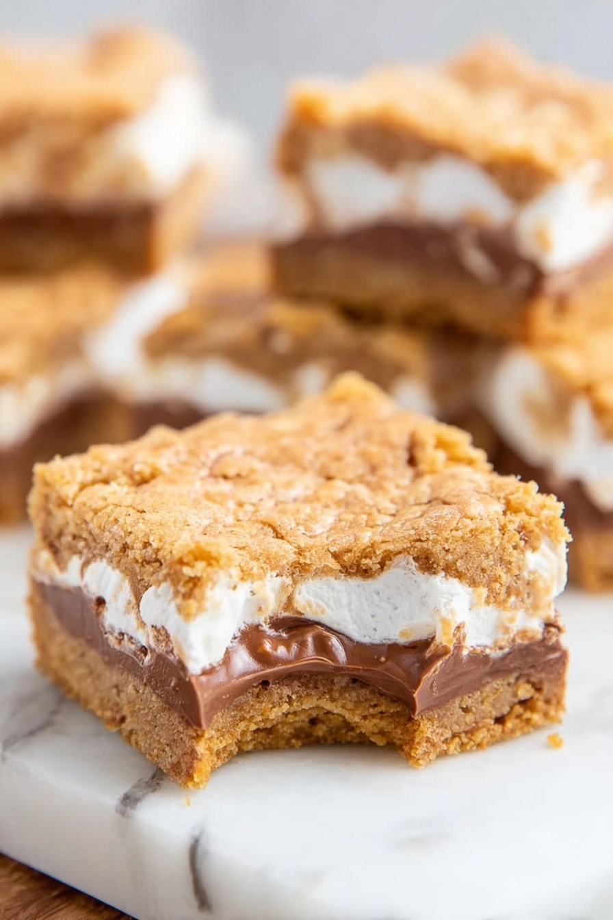 Gooey Cookie Butter S'mores Blondies, cookie butter blondies, s'mores blondies recipe, gooey dessert bars, marshmallow chocolate blondies - The image shows a close-up of a stack of three dessert bars. Each bar has three visible layers: a bottom cookie dough layer that is light brown and slightly crumbly, a middle layer with melted dark chocolate that looks thick and smooth, and a top layer of marshmallow which is white and fluffy with patches of light golden brown cookie dough spread unevenly on top. The bars are stacked on a white marbled surface with a blurred background. The drawing captures the soft and chewy texture of each layer. Photo taken with an iphone --ar 2:3 --v 7