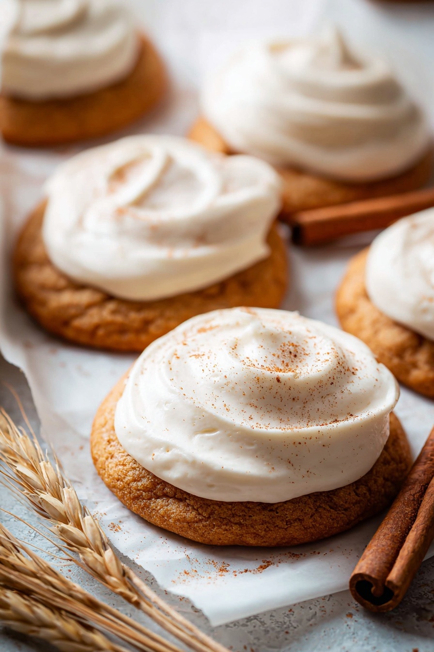 Pumpkin Cookies with Cream Cheese Frosting, fall pumpkin cookie recipe, soft pumpkin spice cookies, homemade pumpkin dessert, easy pumpkin cookie recipe - The image shows soft round cookies with a light brown color, each topped with a thick swirl of creamy white frosting. The frosting is smooth with gentle peaks and is sprinkled lightly with a fine dusting of cinnamon or similar brown spice. The cookies are placed close together on a white parchment paper inside a tray, with some cinnamon sticks and wheat stalks on the side. The background is a white marbled surface, adding a clean, bright feel to the scene. The focus is on the cookie in front, showing the smooth texture of frosting and the slightly rough surface of the cookie beneath. photo taken with an iphone --ar 2:3 --v 7
