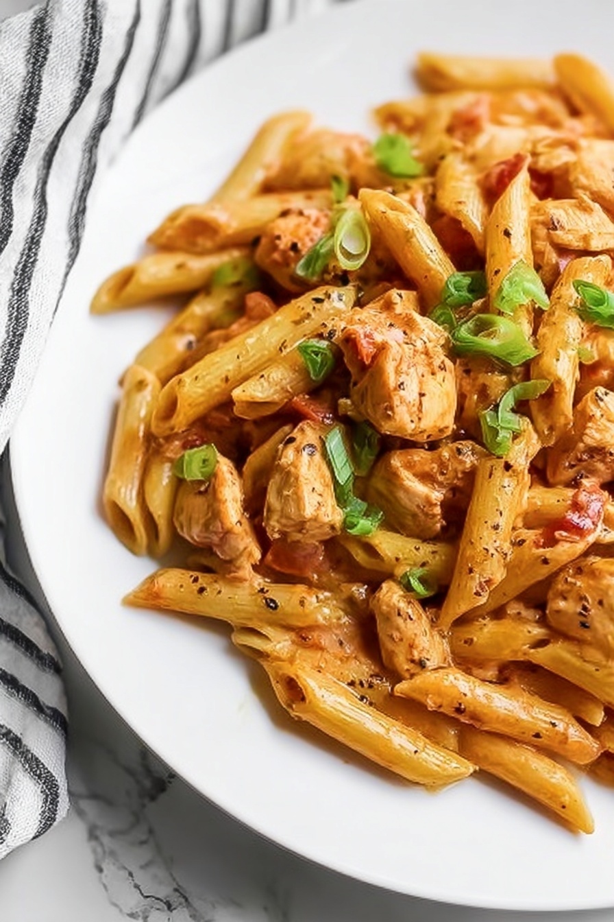 Creamy Cajun Chicken Pasta, Cajun Chicken Pasta, Creamy Chicken Pasta, One-Pot Cajun Pasta, Spicy Cajun Chicken - A white plate holds a tasty mix of penne pasta covered in a creamy orange sauce. The pasta is joined by small pieces of cooked chicken and bits of tomato, all mixed together. Bright green chopped green onions are sprinkled over the top to add color. A black fork rests on the right side of the plate, partially digging into the food. The plate is set on a white marbled surface with a striped cloth nearby. photo taken with an iphone --ar 2:3 --v 7