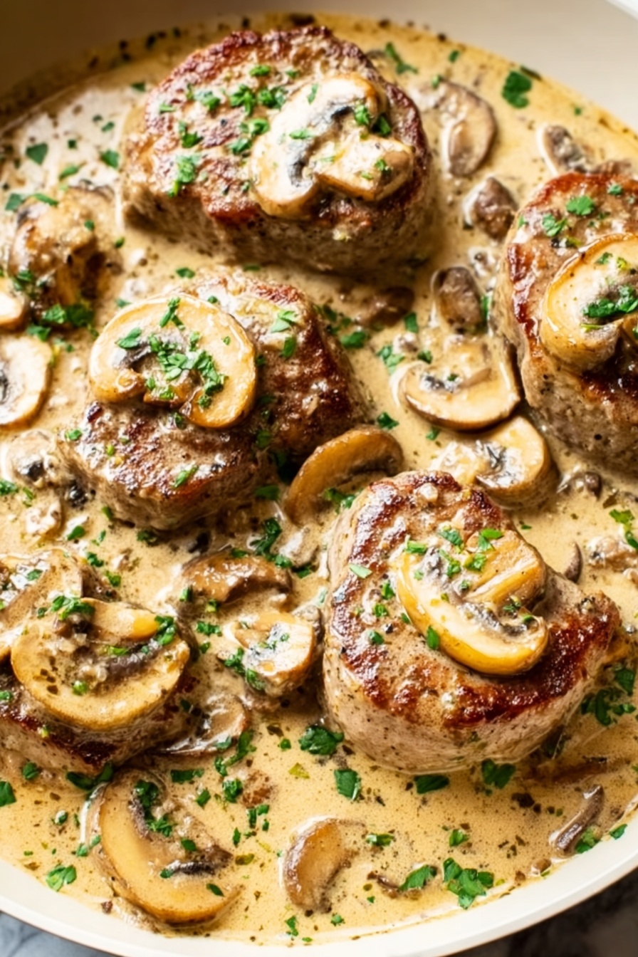 Creamy Mushroom Pork Tenderloin, pork tenderloin recipes, mushroom pork skillet, easy pork dinner, comforting mushroom sauce dishes - The dish shows four cooked pieces of meat with a brown and light golden color, each topped with a slice of mushroom. They are surrounded by a creamy light beige sauce that has whole and sliced mushrooms spread evenly throughout. Sprinkles of green herbs are scattered on top and around the meat, adding fresh color contrast. The food is presented close-up on a white marbled texture background. photo taken with an iphone --ar 2:3 --v 7