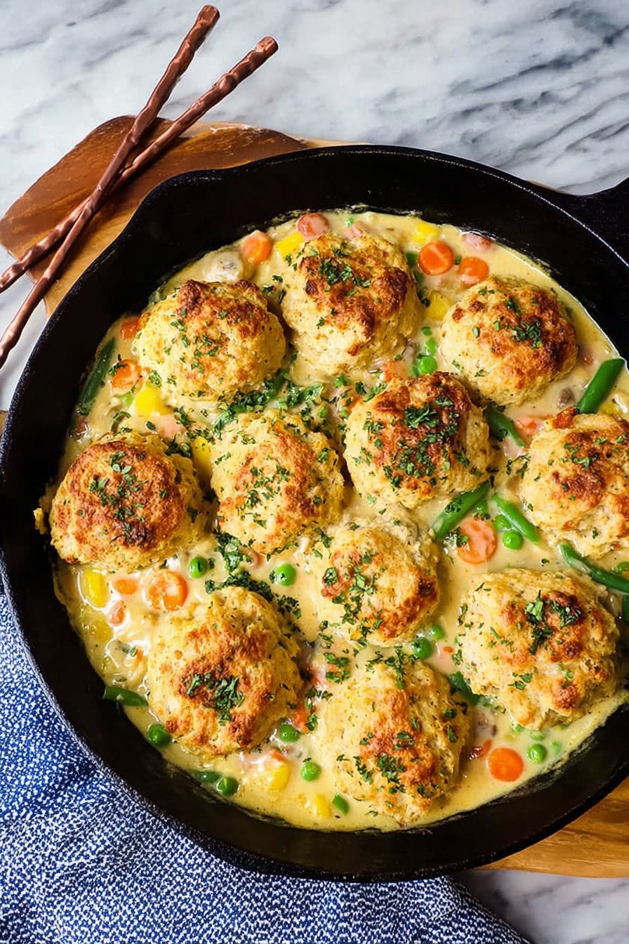 Cheddar Bay Biscuit Chicken Pot Pie, easy chicken pot pie with cheddar bay biscuits, cheesy chicken pot pie recipe, comforting chicken and biscuit casserole, savory chicken pie with cheddar biscuits - This image shows a black cast iron skillet filled with a creamy vegetable mixture and topped with nine golden brown biscuit-like rounds. The biscuit rounds have a slightly rough texture with small green herb bits sprinkled on top. Below the biscuits, you can see a mix of colorful vegetables like orange carrots, green beans, and cream-colored sauce that looks thick and smooth. The skillet is placed on a wooden trivet with a striped cloth underneath, all against a white marbled background. Photo taken with an iphone --ar 2:3 --v 7