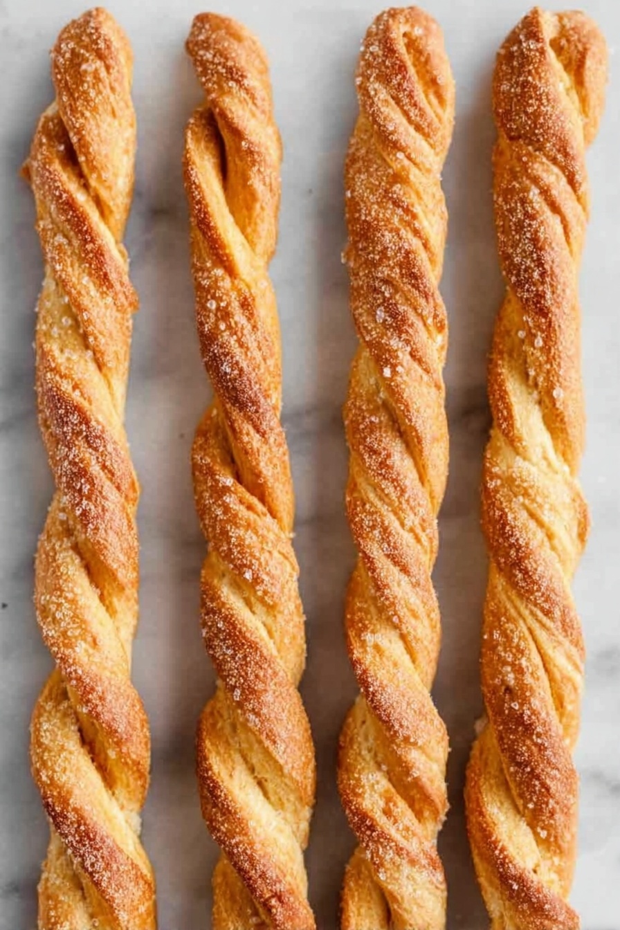 Pumpkin Pie Twists, pumpkin pie twists, fall dessert recipes, easy pumpkin treats, flaky pumpkin twists - The image shows several twisted pastry sticks arranged closely on a white rectangular plate. Each pastry stick has a golden-brown crust with a dusting of cinnamon sugar on top, giving a slightly rough texture from the sugar granules. The twists reveal light, flaky layers with a cinnamon brown filling swirled inside. The background is a white marbled surface, and the pastries look freshly baked with a slight shine from the glaze. photo taken with an iphone --ar 2:3 --v 7