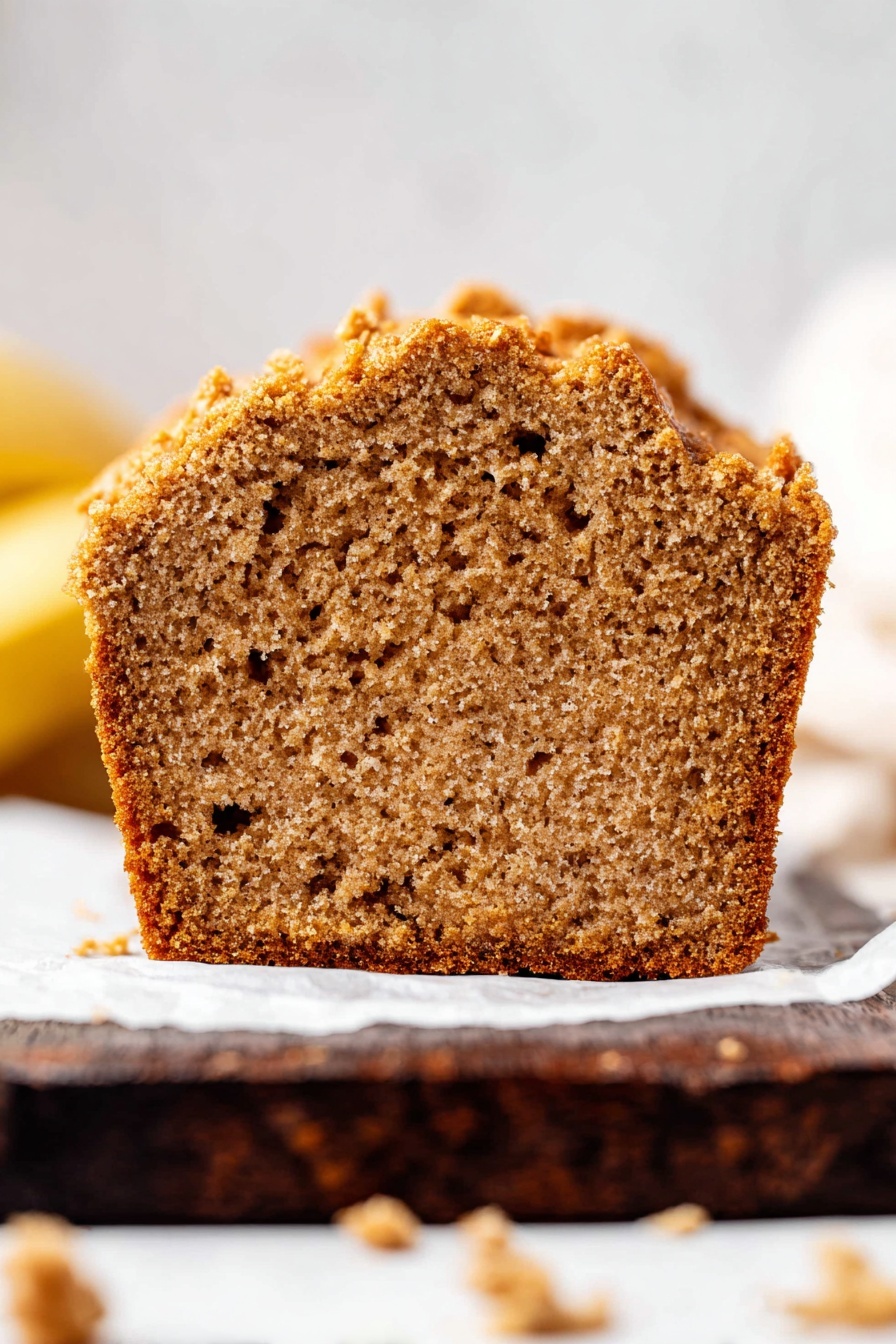 Whole Wheat Banana Bread with Cinnamon Crumble, healthy banana bread, wholesome banana bread recipe, easy banana bread with cinnamon topping, moist banana bread with spice - The image shows a close-up of a single thick slice of brown bread with a crumbly texture. The slice stands upright on white parchment paper on a dark wooden board. The top edge of the bread is uneven and looks crunchy with small clumps of crumbs. The inside of the bread shows small holes and a soft, dense texture. Some crumbs are scattered around the base. The background has a soft white color, with a slightly out-of-focus shape that might be a peeled banana. Photo taken with an iphone --ar 2:3 --v 7