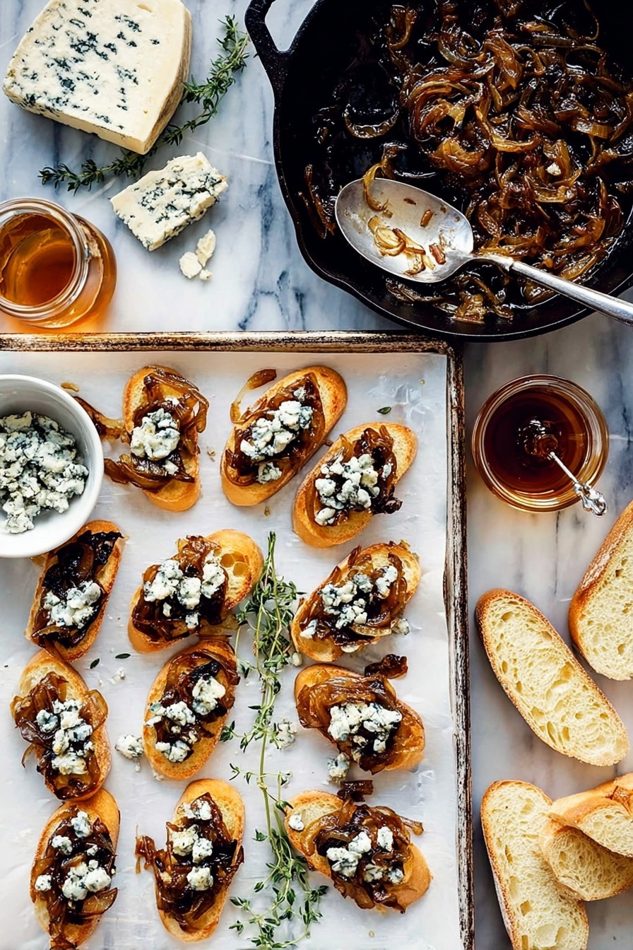 Caramelized Onion and Blue Cheese Crostini, flavorful appetizer with caramelized onions, easy blue cheese crostini, elegant party hors d'oeuvres, savory finger food - There is a white baking tray with twelve toasted slices of bread arranged in three rows of four. Each slice has a layer of dark caramelized onions topped with crumbled creamy blue cheese that is white with blue veins. To the right of the tray, there are some plain slices of bread showing a soft, light inside. Above the tray, a black cast iron pan holds more caramelized onions with a silver fork resting inside. On the left side, a wedge of blue cheese and sprigs of fresh herbs sit on the white marbled surface. Below this, a small white bowl contains more blue cheese crumbles, next to a glass jar of dark honey with a spoon inside. Photo taken with an iphone --ar 2:3 --v 7