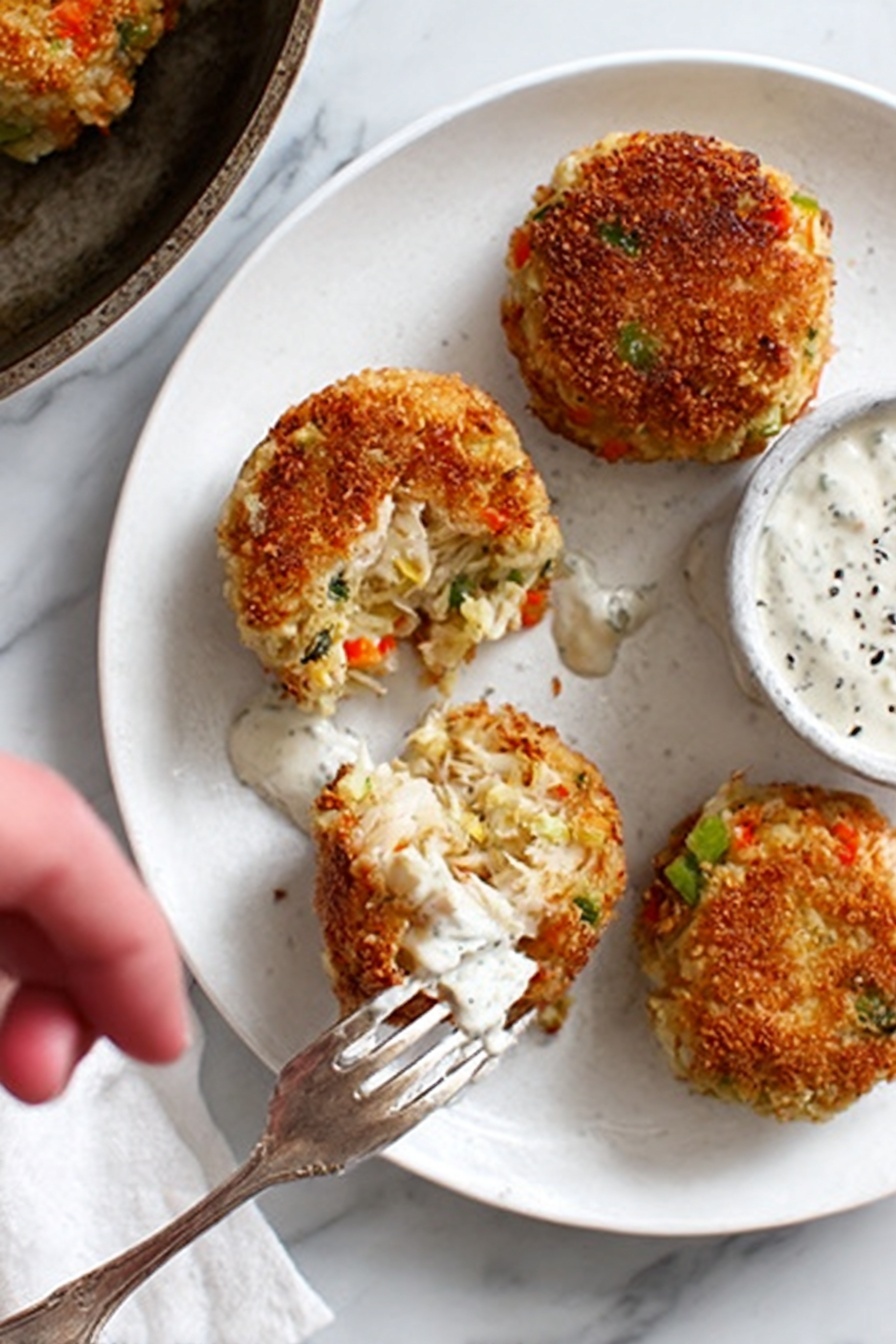 Crispy Crab Cake Poppers with Spicy Aioli, crab cake appetizers, seafood bite-sized snacks, easy crab cake recipe, flavorful crab dish - The image shows a white plate on a white marbled surface with four round, golden-brown crab cakes, crispy on the outside with small green and orange bits visible inside. One crab cake is broken open to show its soft, white, flaky inside mixed with the veggies. A silver fork rests on the plate, with a woman's hand holding it while lifting a piece of crab cake dipped in creamy white sauce with black specks. In the top left corner, a part of a dark pan with another crab cake can be seen. Photo taken with an iphone --ar 2:3 --v 7