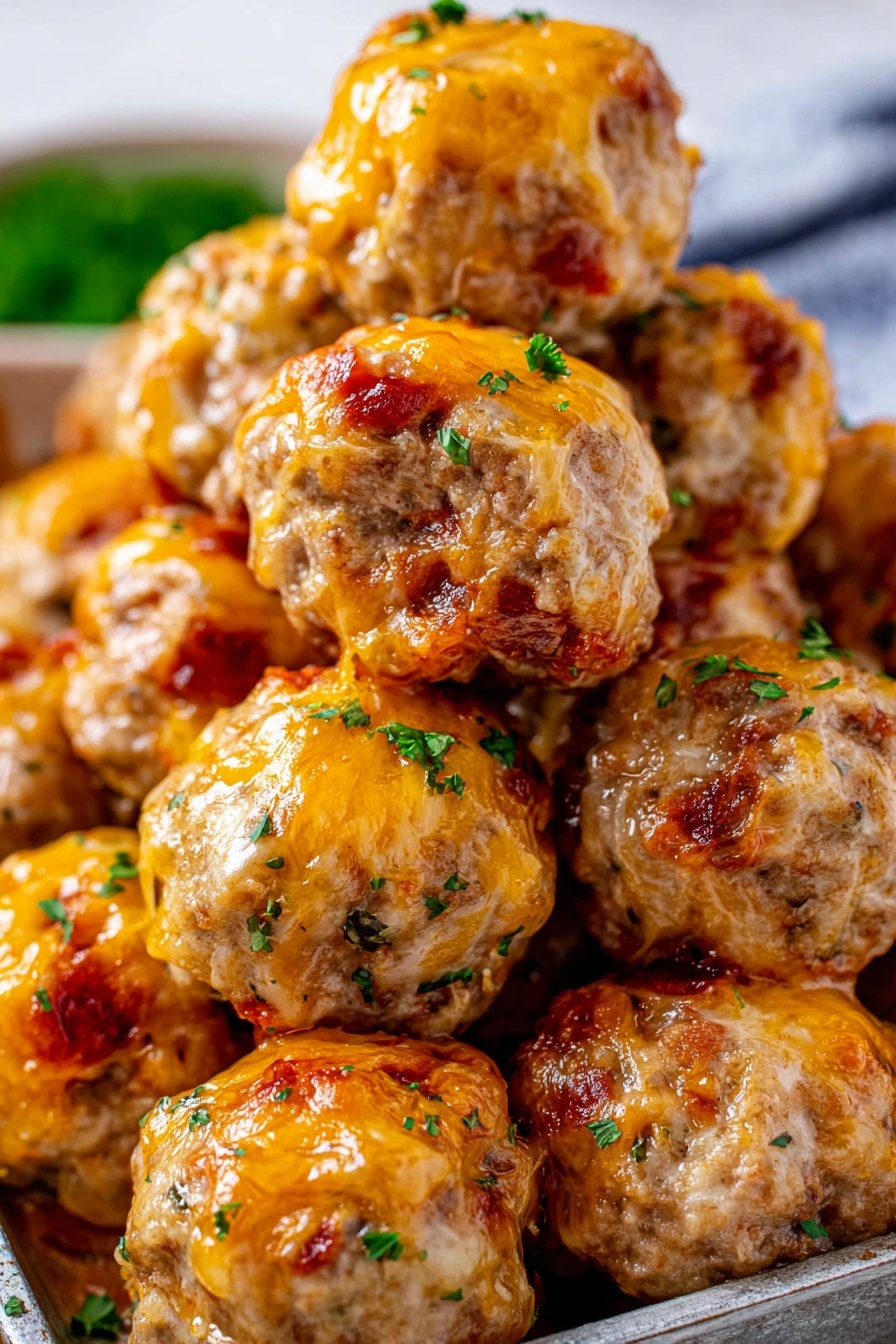 Cream Cheese Sausage Balls, how to make sausage balls, cheesy sausage bites, easy party snacks, sausage ball appetizer - A close-up view of a stack of round, baked meatballs covered with melted orange cheese and small green herb bits on top. The meatballs have a light brown, slightly crispy texture with some spots of red sauce peeking through the cheese. They are piled high in a metal tray, with some meatballs resting on others. The background shows a white marbled surface, keeping the focus on the warm, cheesy meatballs. The lighting highlights the gooey cheese and fresh herbs, giving the image a fresh and tasty look. photo taken with an iphone --ar 2:3 --v 7