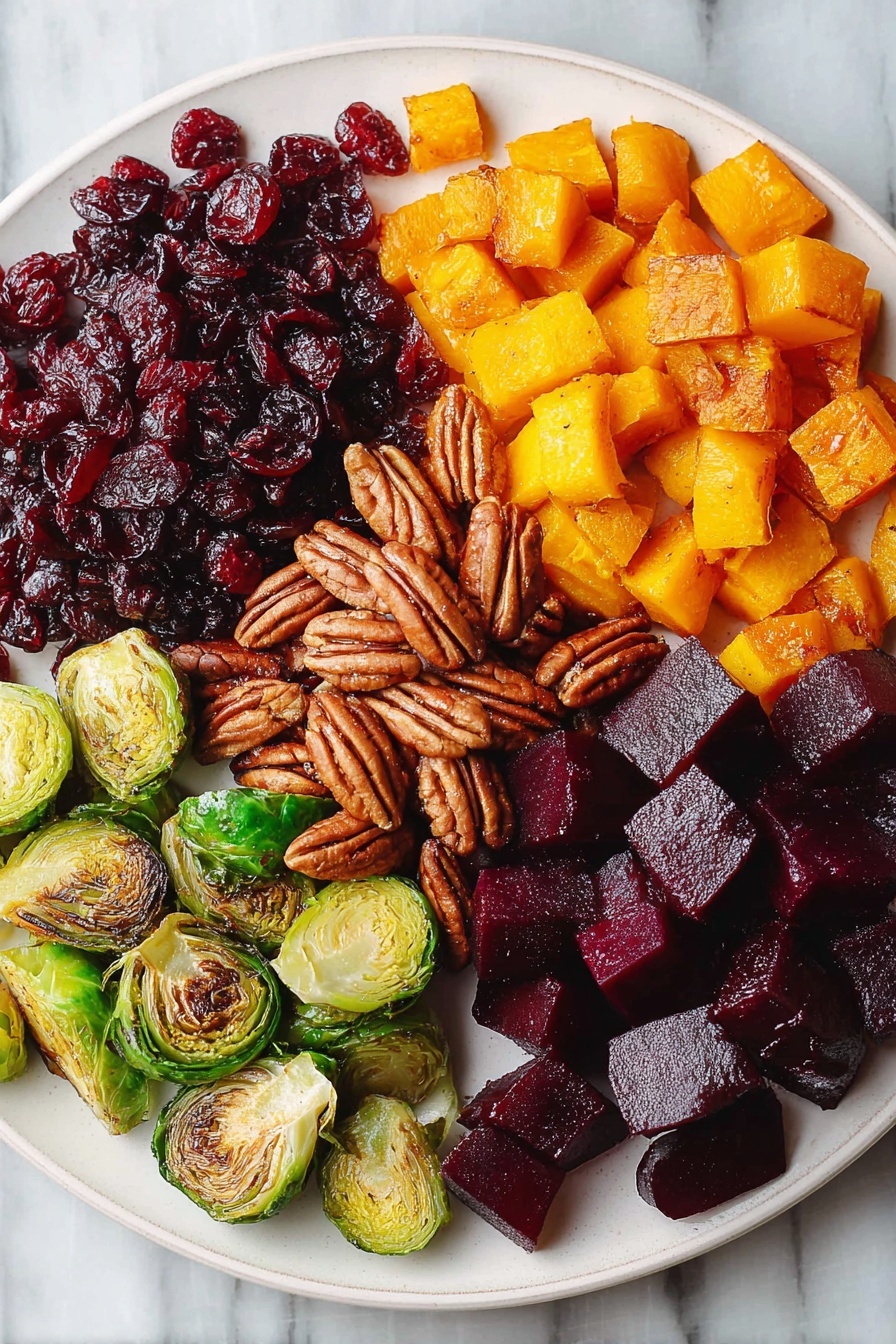 Winter Vegetable Salad with Butternut Squash, healthy winter vegetable salad, roasted vegetable salad recipes, hearty winter salads, seasonal vegetable salad - A white round plate is arranged with four different sections of food. At the top left are shiny, dark red dried cranberries. Next to them, on the top right, are roasted golden-orange butternut squash cubes with a slight shine and some browned edges. Below the squash, on the bottom right, are deep purple roasted beet cubes with a matte finish. At the bottom left are halved Brussels sprouts with a vibrant green color and charred brown edges. At the top center between the cranberries and squash lies a pile of glossy brown pecan nuts. All the items are placed close but separated neatly on a white marbled surface background. Photo taken with an iphone --ar 2:3 --v 7