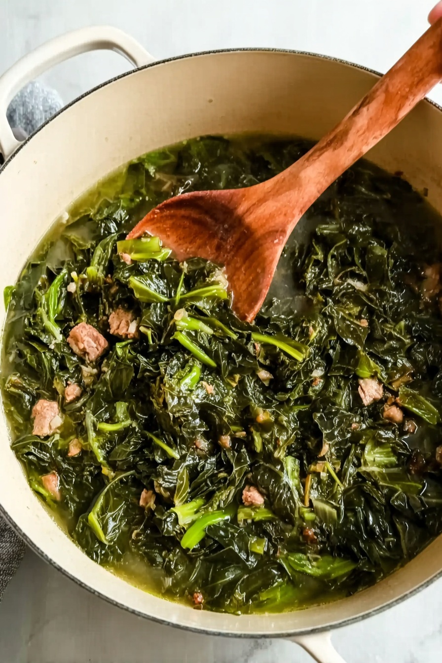 Best Cajun Collard Greens, Cajun Collard Greens, Spicy Collard Greens, Cajun Greens recipe, Southern collard greens - A white pot filled with cooked leafy greens that are dark green and slightly shiny, mixed with small pieces of light brown meat. The greens look soft and moist, sitting in a clear, light green broth with small bits floating in it. A wooden spoon rests inside the pot, with a woman's hand holding it from the right side. The pot is placed on a white marbled surface. photo taken with an iphone --ar 2:3 --v 7