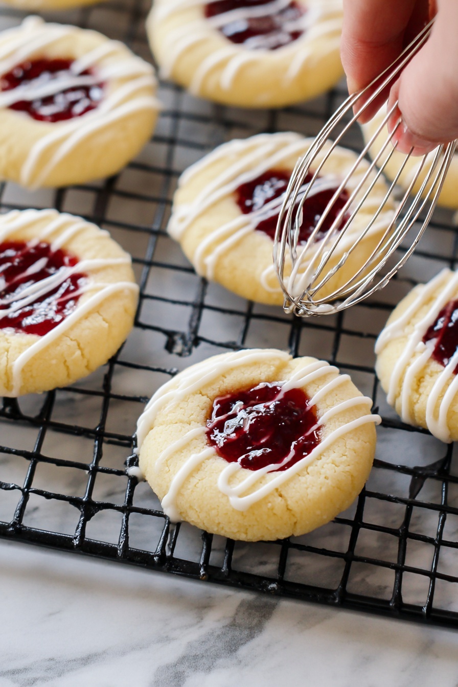 Raspberry Thumbprint Cookies, raspberry thumbprint cookies recipe, homemade raspberry jam cookies, buttery thumbprint cookies, easy raspberry cookies - The image shows round cookies with a thumbprint center filled with dark red jam, placed on a black cooling rack over a white marbled surface. Each cookie has a pale yellow dough base with a smooth texture. White icing is being drizzled in thin stripes over the cookies by a metal whisk held by a woman's hand from the right side of the image. The jam in the cookie centers has a glossy surface, creating a shiny contrast with the soft, matte cookie dough. Photo taken with an iphone --ar 2:3 --v 7