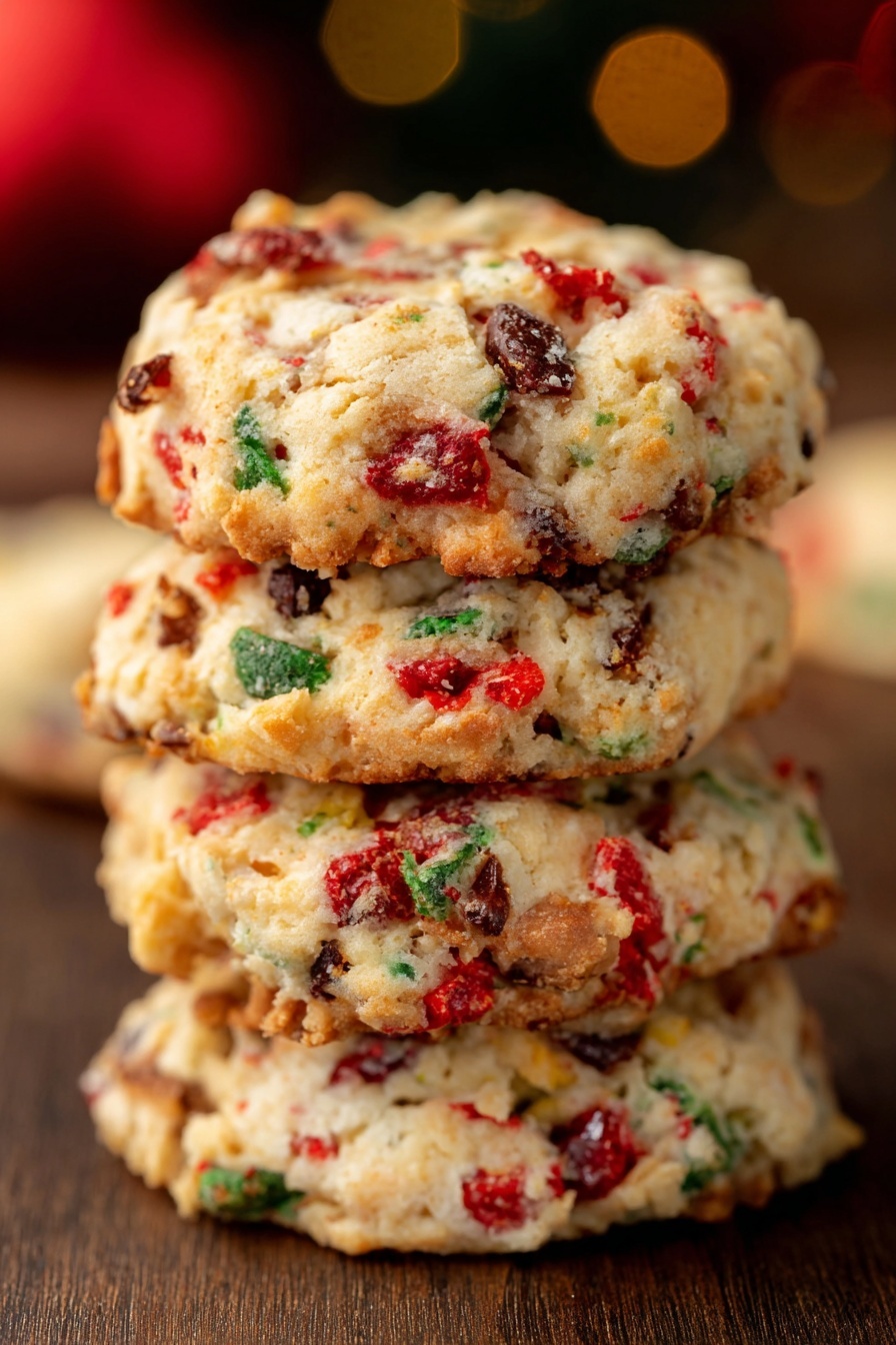 Fruitcake Cookies, festive fruitcake cookies, holiday cookies with dried fruit, chewy fruitcake bites, easy fruitcake cookie recipe - A stack of four round cookies is shown, each cookie thick and textured with a golden-brown base mixed with white dough. The cookies have colorful bits of red, green, and brown scattered throughout, giving a festive look. The surface of the cookies shows rough, slightly cracked edges with the red pieces appearing shiny and slightly soft, while the green and brown parts add contrast and texture. The stack is placed on a dark wooden surface with a softly blurred background in warm tones. Photo taken with an iphone --ar 2:3 --v 7