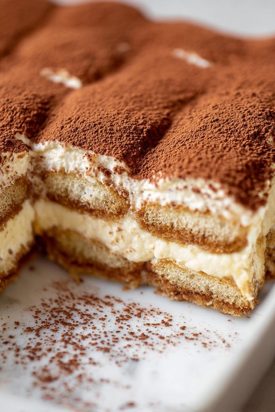 Classic Espresso Mascarpone Tiramisu, coffee dessert, homemade tiramisu, Italian tiramisu, easy tiramisu recipe - The image shows a close-up of a piece of tiramisu on a white plate with a white marbled surface underneath. The tiramisu has three visible layers: a bottom layer of light brown soaked ladyfingers, a middle layer of creamy off-white mascarpone filling, and a top layer of cocoa powder dusted evenly in rich brown color. The texture of the ladyfingers is soft and sponge-like, while the mascarpone layer looks smooth and creamy. The top cocoa powder has a fine, powdery texture with slight indentations on the surface. Some cocoa powder is also scattered on the plate around the tiramisu, and the overall focus captures the dessert's soft and moist texture. Photo taken with an iphone --ar 2:3 --v 7