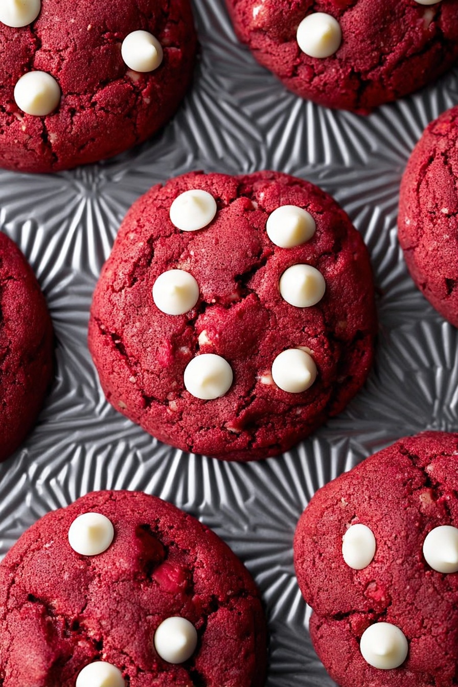Cheesecake Stuffed Red Velvet Cookies, red velvet cookies with cheesecake filling, decadent red velvet cheesecake cookies, baked cheesecake cookies, red velvet dessert recipes - The image shows five thick red cookies with a soft texture, each dotted with several smooth white chocolate chips that stand out clearly against the rich red surface. The cookies are arranged on a metallic tray with a geometric, sunburst pattern, adding contrast with its shiny gray color and textured details. The red color of the cookies is deep and even, with slight cracks that give a sense of softness inside. The light reflects subtly on the white chocolate chips and the textured tray beneath. photo taken with an iphone --ar 2:3 --v 7