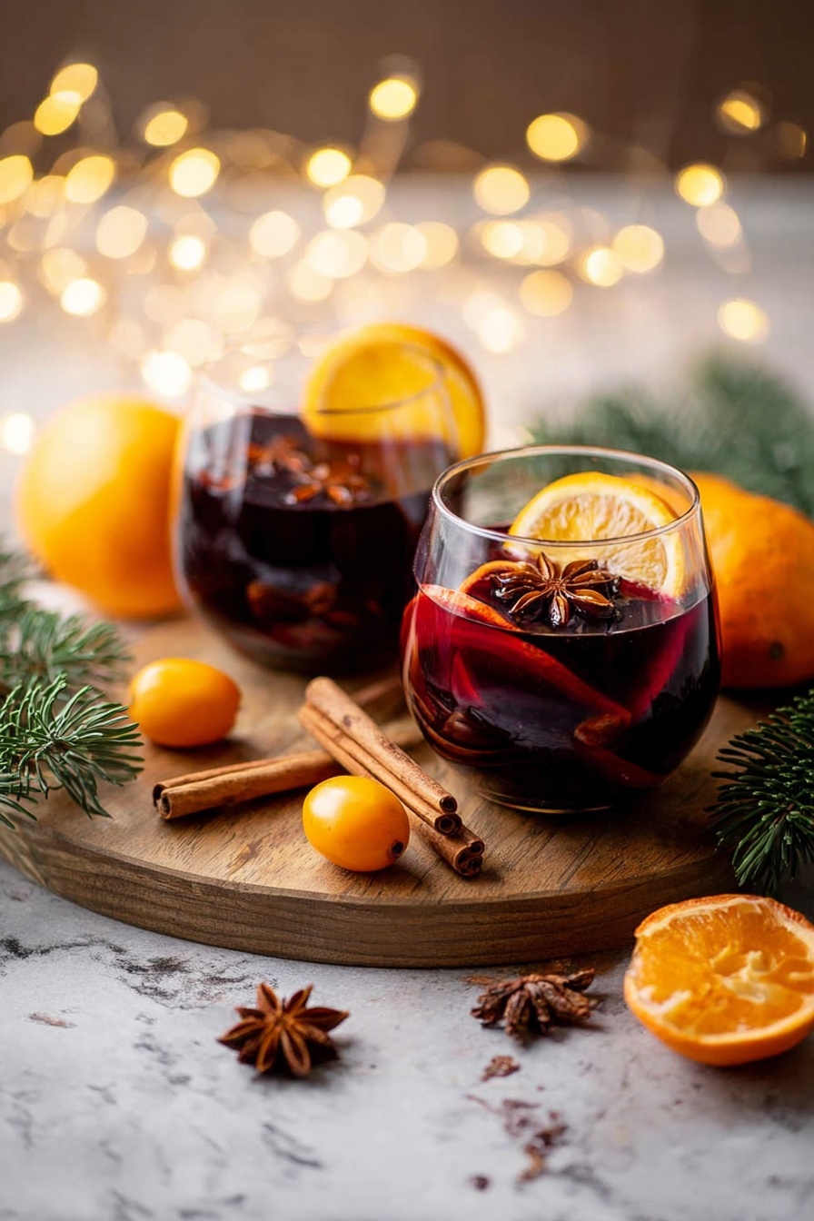 German Mulled Wine, Mulled Wine Recipe, Gluhwein, Spiced Hot Wine, Holiday Warm Drink - Two round glasses filled with dark red mulled wine sit on a wooden board, each glass holding a large orange slice, a cinnamon stick, and a star anise floating on top. Around the glasses are small bright orange kumquats, some whole and one sliced open, as well as a halved orange showing its juicy texture. Cinnamon sticks and star anise are scattered near the glasses, with some pine branches adding a natural touch. The scene is set against a soft glowing background with yellow fairy lights and a white marbled surface below, creating a warm and cozy feeling. Photo taken with an iphone --ar 2:3 --v 7