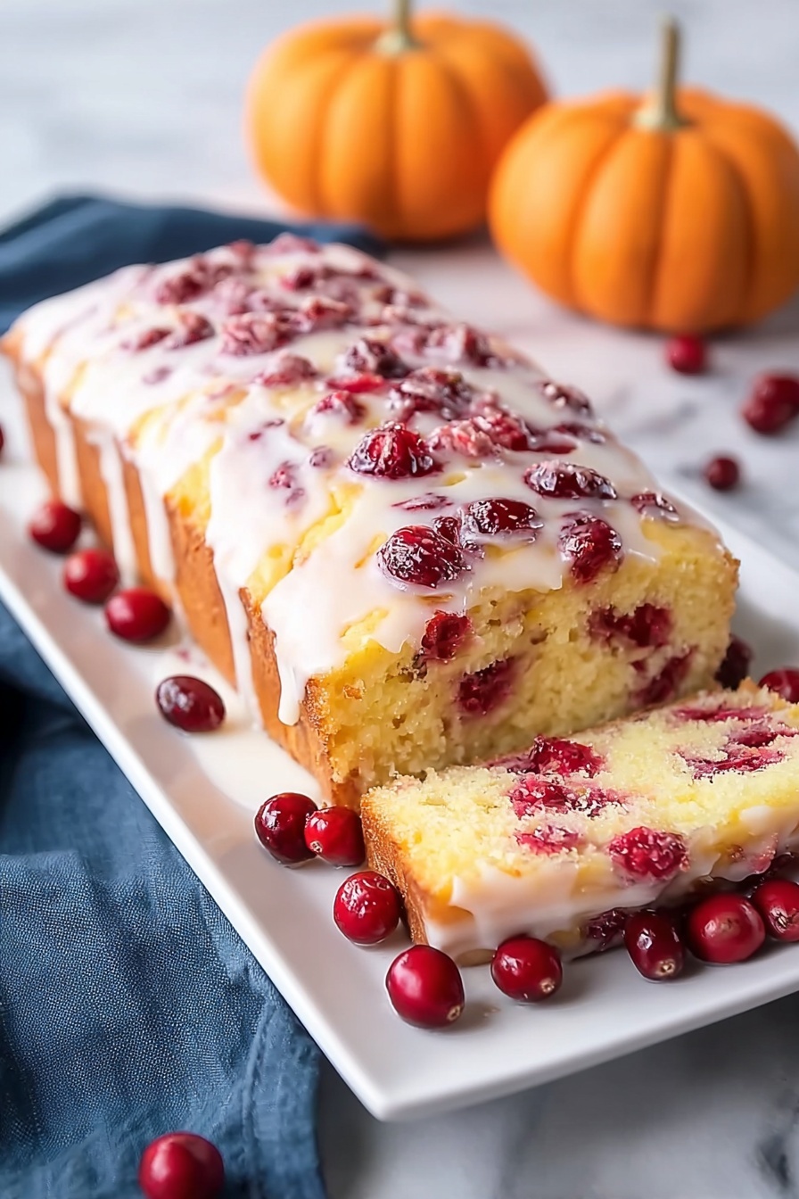 Orange Cranberry Loaf with Glaze, festive orange cranberry bread, citrus cranberry pound cake, moist orange cranberry loaf, holiday fruit loaf - A close-up of a sliced yellow cake loaf on a white marbled surface, showing three thick slices stacked in front and the rest of the loaf behind. The cake has two visible layers: the soft, moist pale yellow cake at the bottom and bright red berries scattered throughout the top layer. A white glaze is drizzled generously over the top and sides, with some dripping onto the surface below. A few whole red berries are placed near the front of the loaf on the white marble. The texture of the cake looks light and fluffy, with the glaze glossy and smooth. Photo taken with an iphone --ar 2:3 --v 7