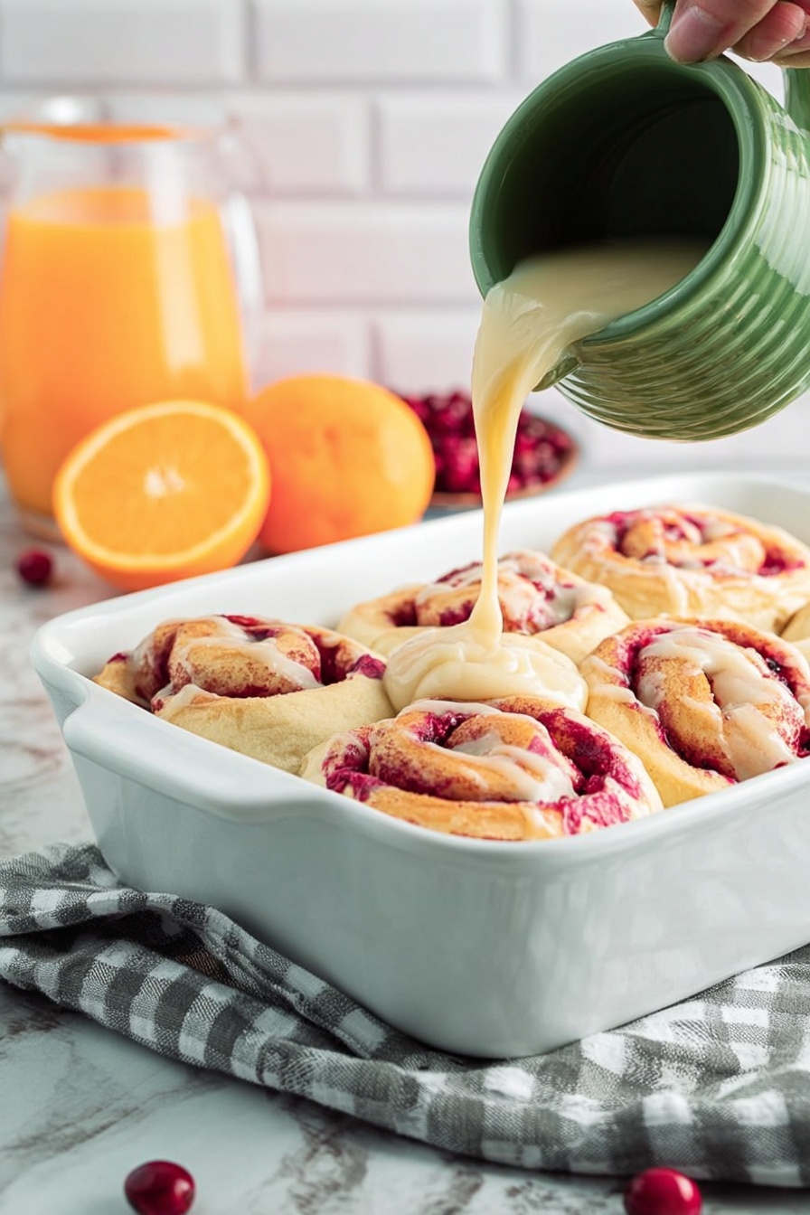 Cranberry Orange Sweet Rolls, cranberry orange sweet rolls, citrus cranberry rolls, holiday breakfast rolls, easy cranberry orange buns - The image shows a white rectangular baking dish holding six cinnamon rolls covered with a thick white icing that has some visible red berry pieces mixed in. The rolls have a light golden color underneath the icing, with swirls of red berries inside the dough. In the background, there is a small white bowl filled with dark red cranberries and slices of bright orange orange fruit. The dish is placed on a white marbled surface with a gray and white checkered cloth partially visible under the dish. Photo taken with an iphone --ar 2:3 --v 7